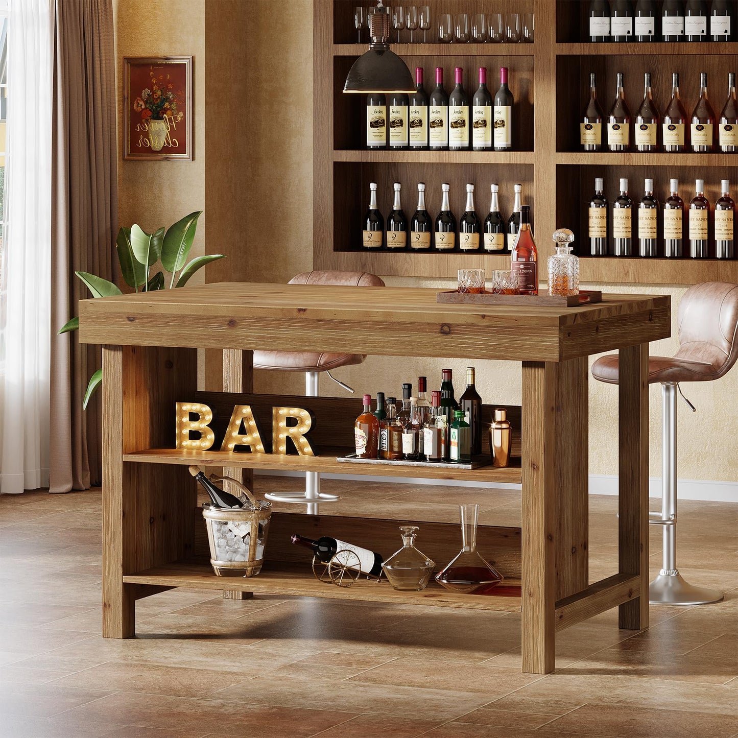TRIBEWOOD 55" Solid Wood Bar Table, 3-Tier Farmhouse Home Bar Unit with Open Storage, Counter Height Pub Dining Table for Kitchen, Living Room, Brown