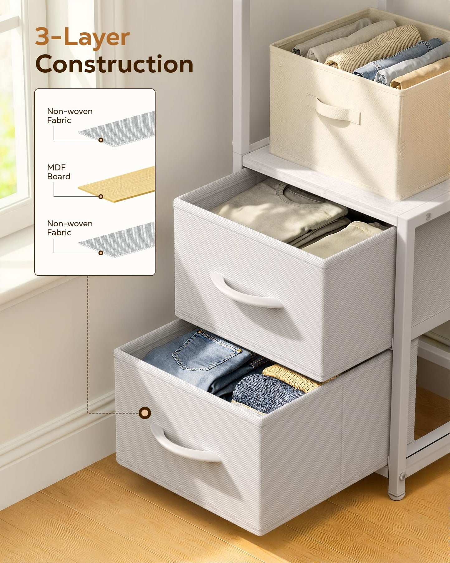 Housolution 6 Tier Corner Shelf Stand with Storage and Fabric Drawers,White