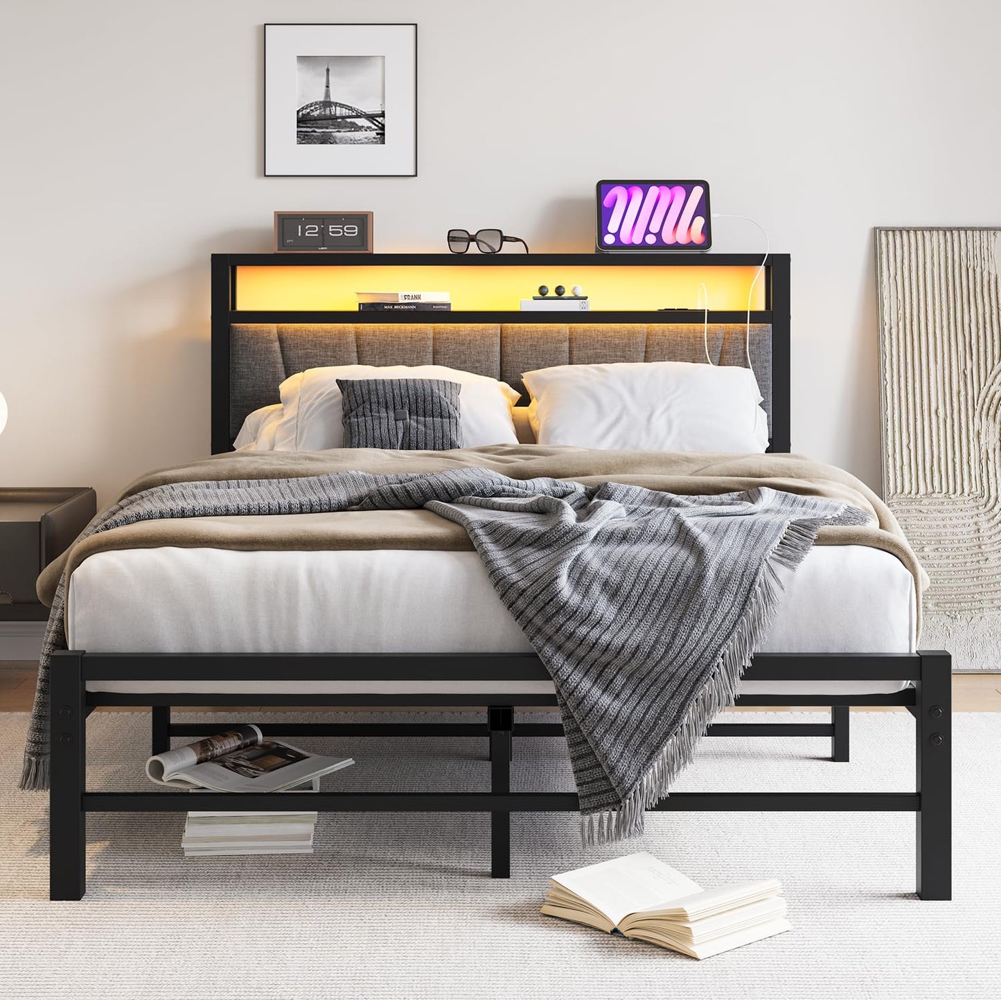 BORPHOM Double Bed Frame with Storage and LED Lights,4ft6 Metal Platform Bed Frame Double Size Bed Base with Charging Station,Mattress Base,Strong