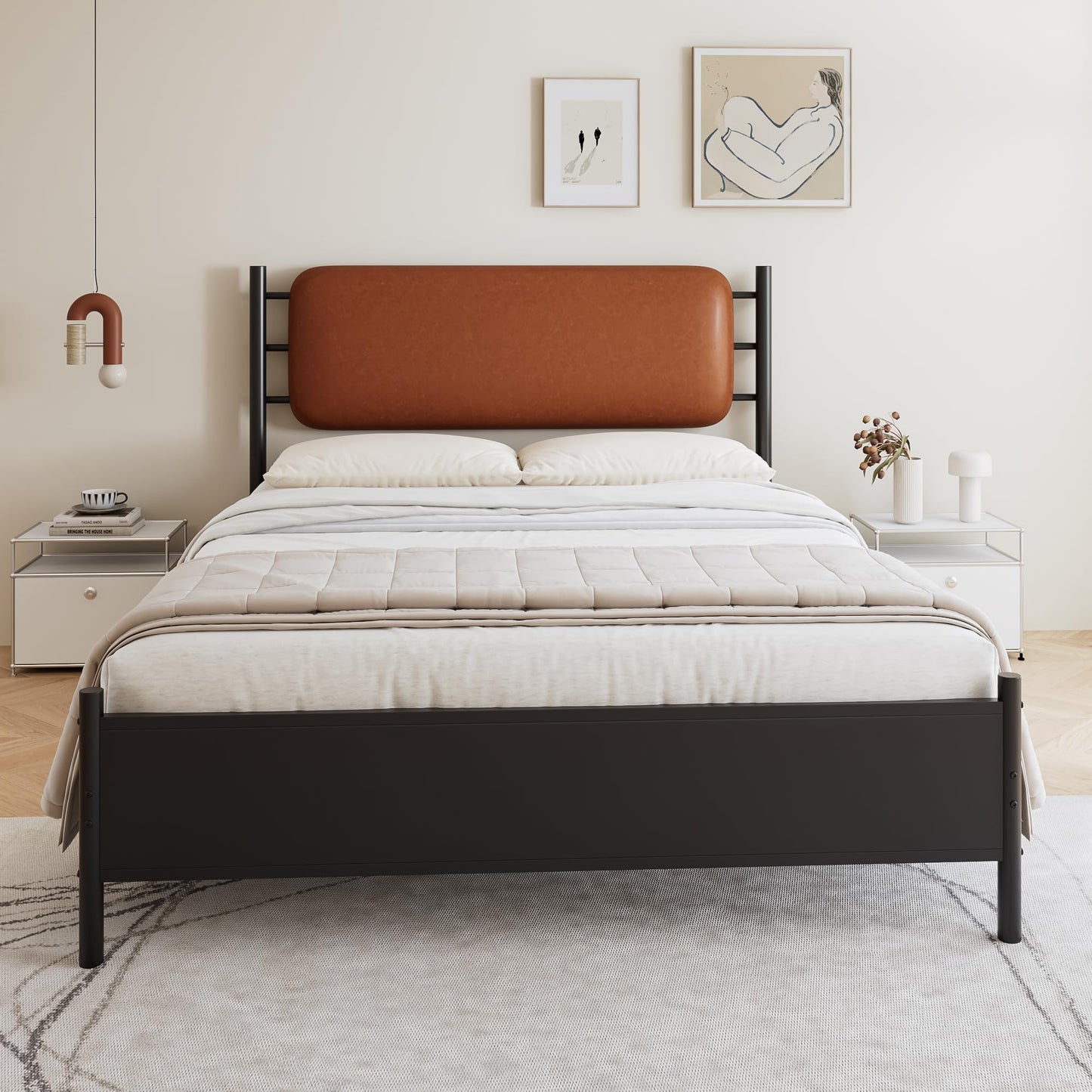 Merax 4ft6 Double Metal Bed with PU Upholstered Headboard – Wrought Iron Frame, 135x190cm, Durable & Sturdy, Comfortable Youth Bed for Teens & Adults