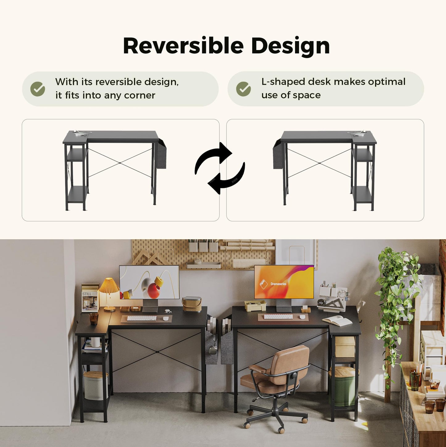 Mericonia Reversible Corner Desk, w. Power Outlets, 120x70cm, Black