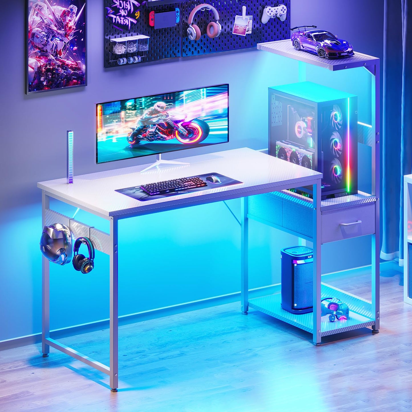 Coleshome 120×48 cm Gaming Desk with LED Lights, Carbon Fiber White