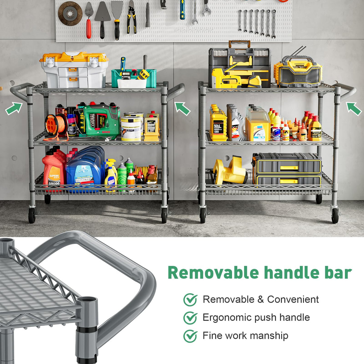 Forthcan 3-Tier Heavy Duty Shelving Unit, Storage Trolley on wheels, Silver