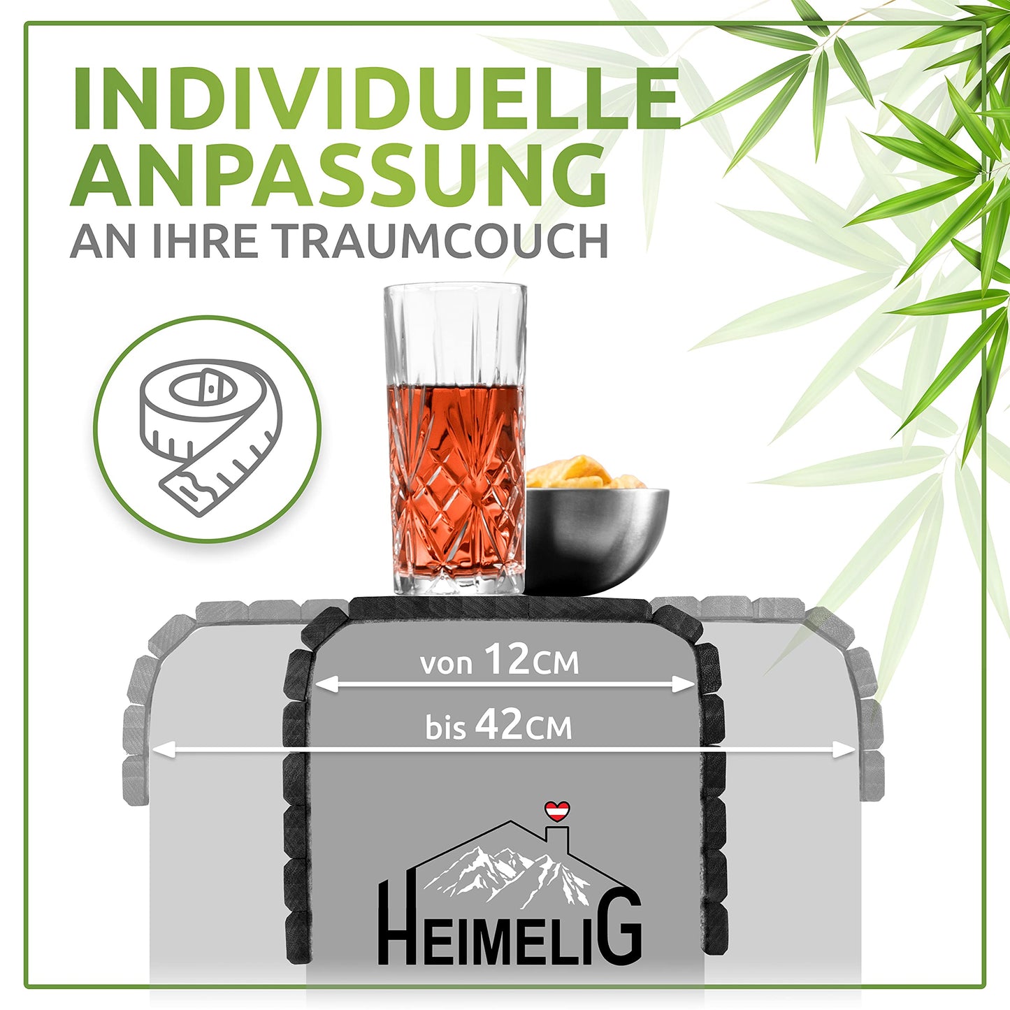 Heimelig Sofa Tray, Non-Slip Couch Shelf Made of Sustainable Bamboo, Flexible Sofa Butler for Armrests with Integrated Non-Slip Pad