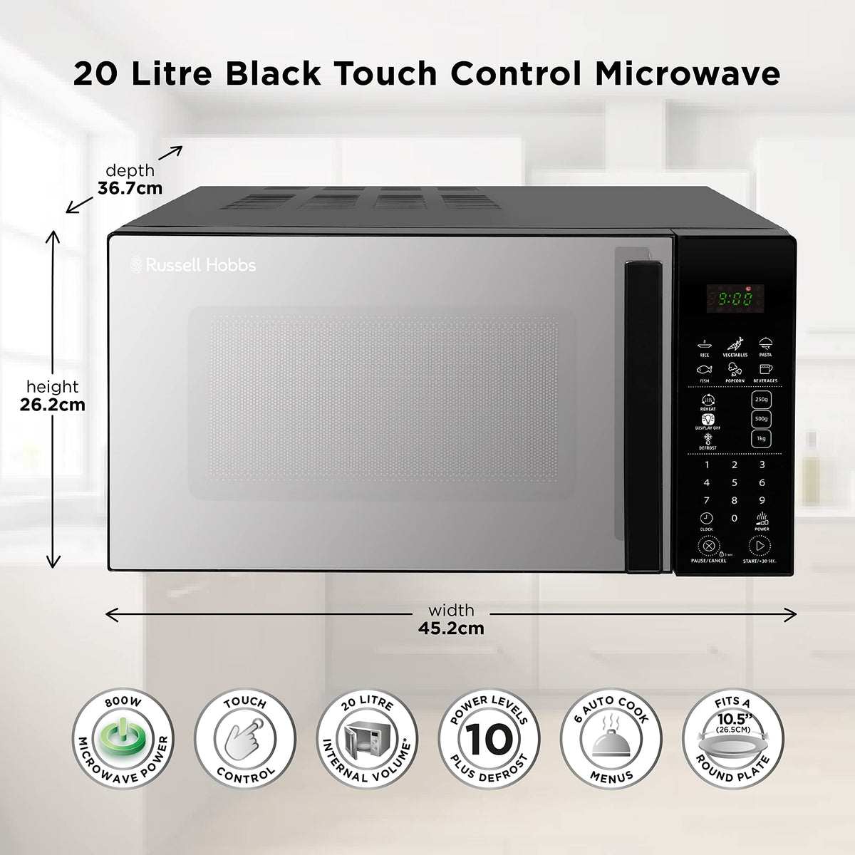 Russell Hobbs RHMT2004B 20 L 800 W Touch Control Digital Solo Microwave in Black with 10 Power Levels, 6 Auto Cook Menus, Defrost Control, Clock and