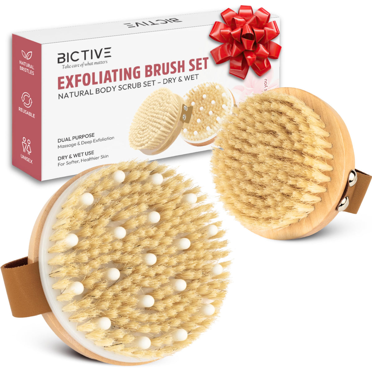 BICTIVE? Premium Dry Brushing Set. Natural Exfoliating Body Brush for Lymphatic Drainage and Cellulite - Dry and Wet - Body Scrubber. With Natural