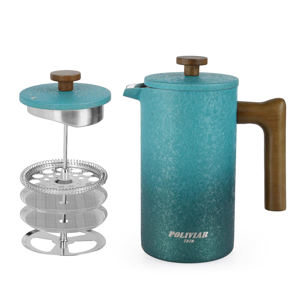 POLIVIAR Cafetiere 8 Cup, French Press Coffee Maker with Wood Handle, Double Walled Insulated Cafetiere &1 Extra Filter, Insulated 1L French Press for