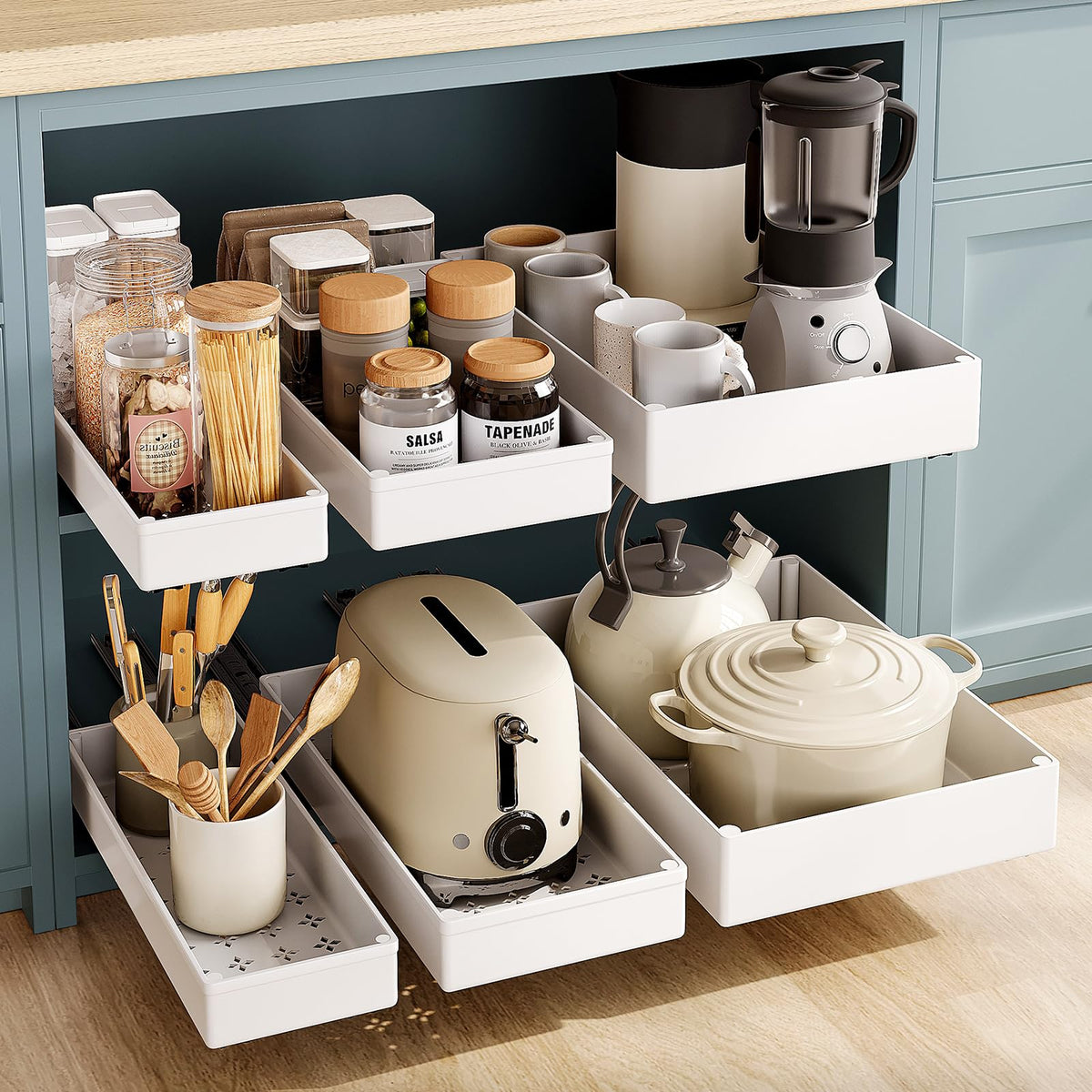 SOLEDI 3 Pack Pull Out Cabinet Organizer, Pull Out Drawer for Kitchen Cupboard, No Punch for Kitchen Cabinets, Bathroom Cabinet Organizer, Pantry,
