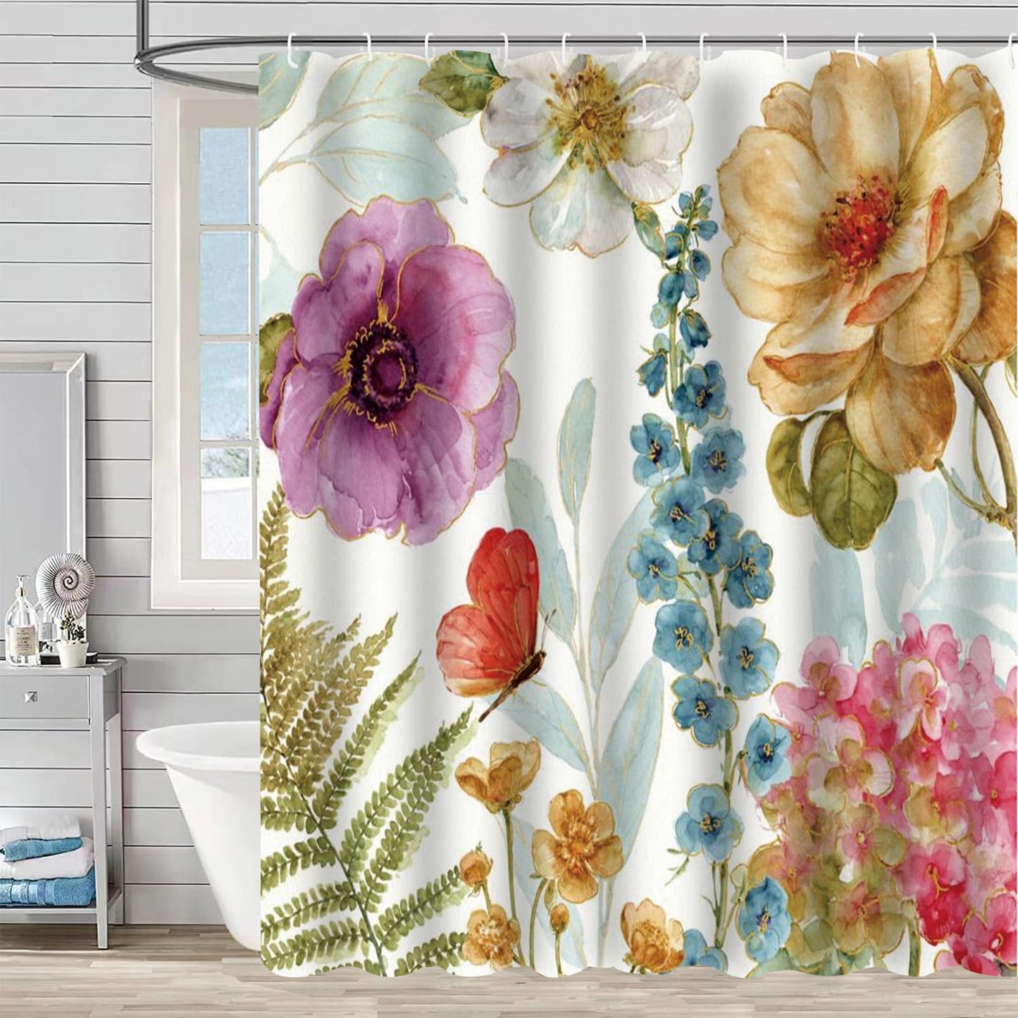 FAIRYGATE Extra Wide Shower Curtain Spring Floral Flower Green Leaves Bathroom Curtain 180 x 180 cm Waterproof Mildew & Mould Resistant Polyester