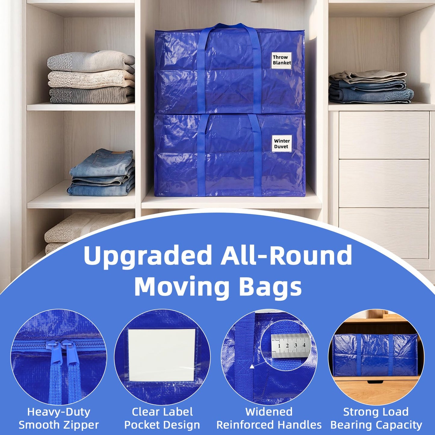 inreeme Heavy-Duty Moving Bags and 90L Large Storage Bags with Zips 4 Pack