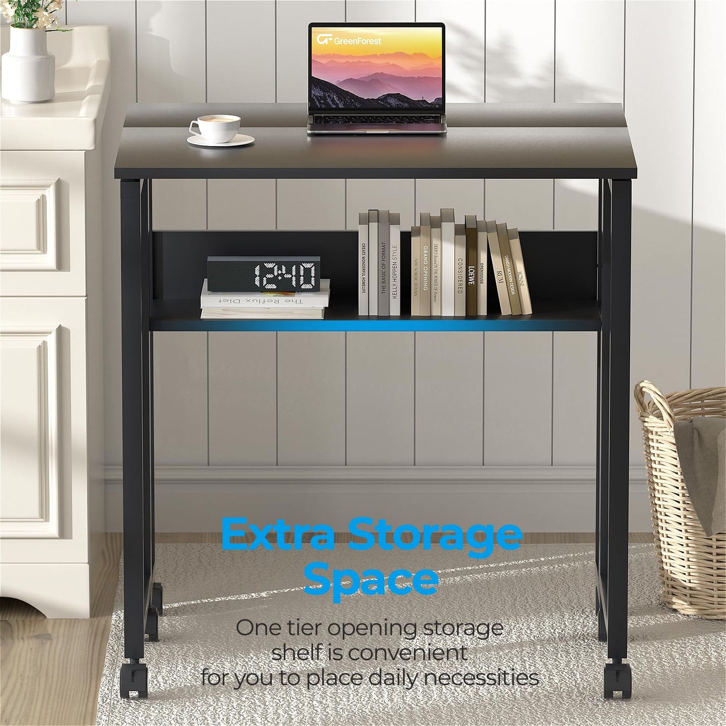GreenForest Small Folding Desk with Storage Shelf,63 cm Computer Rolling Desk on Wheels Easy Assembly,Foldable desk for Small Space,Black