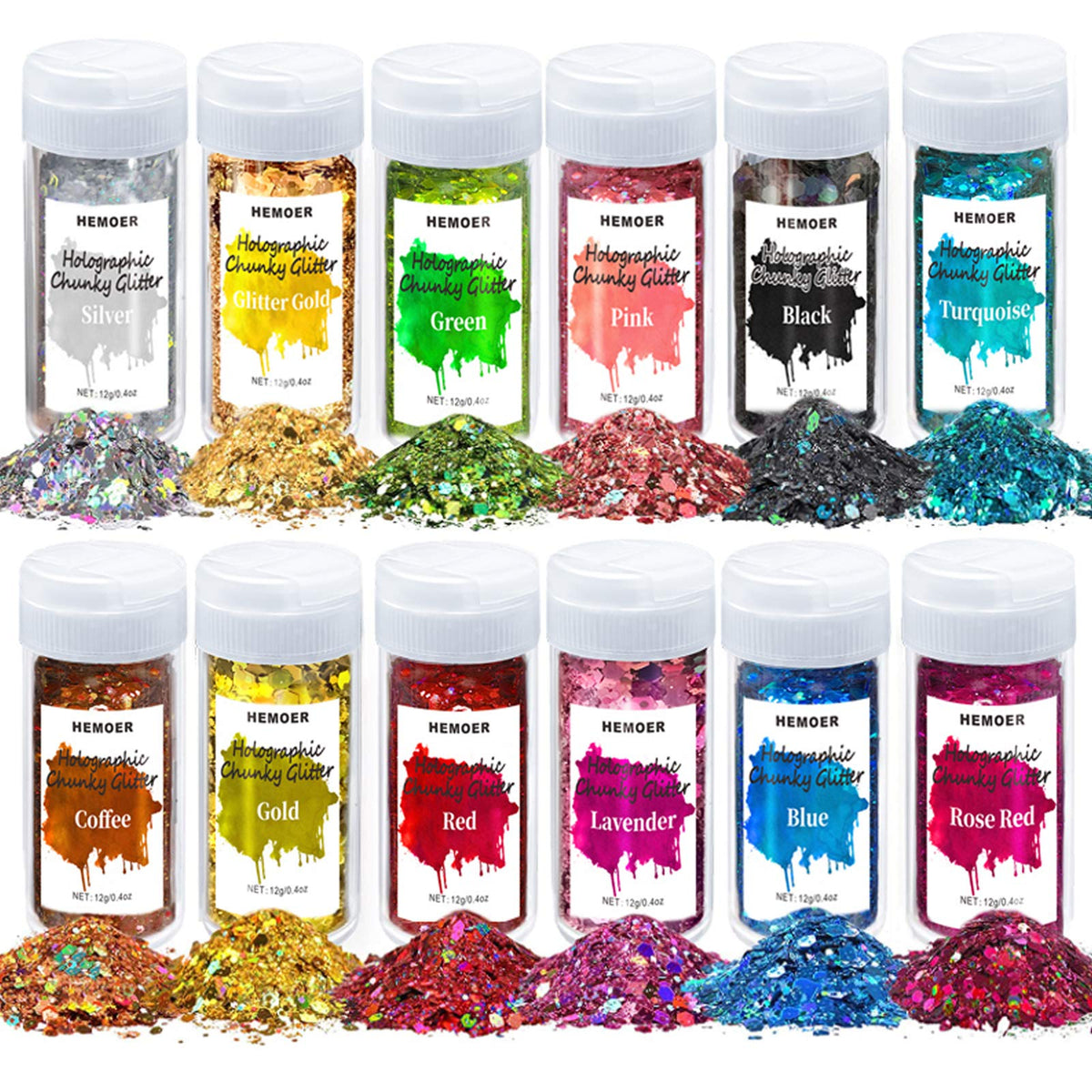 HEMOER 12 Colors Holographic Chunky Glitter, 144g Craft Glitter Cosmetic Grade Sequins for Body, Face, Eyes, Craft, Epoxy Resin, Tumblers, Festival