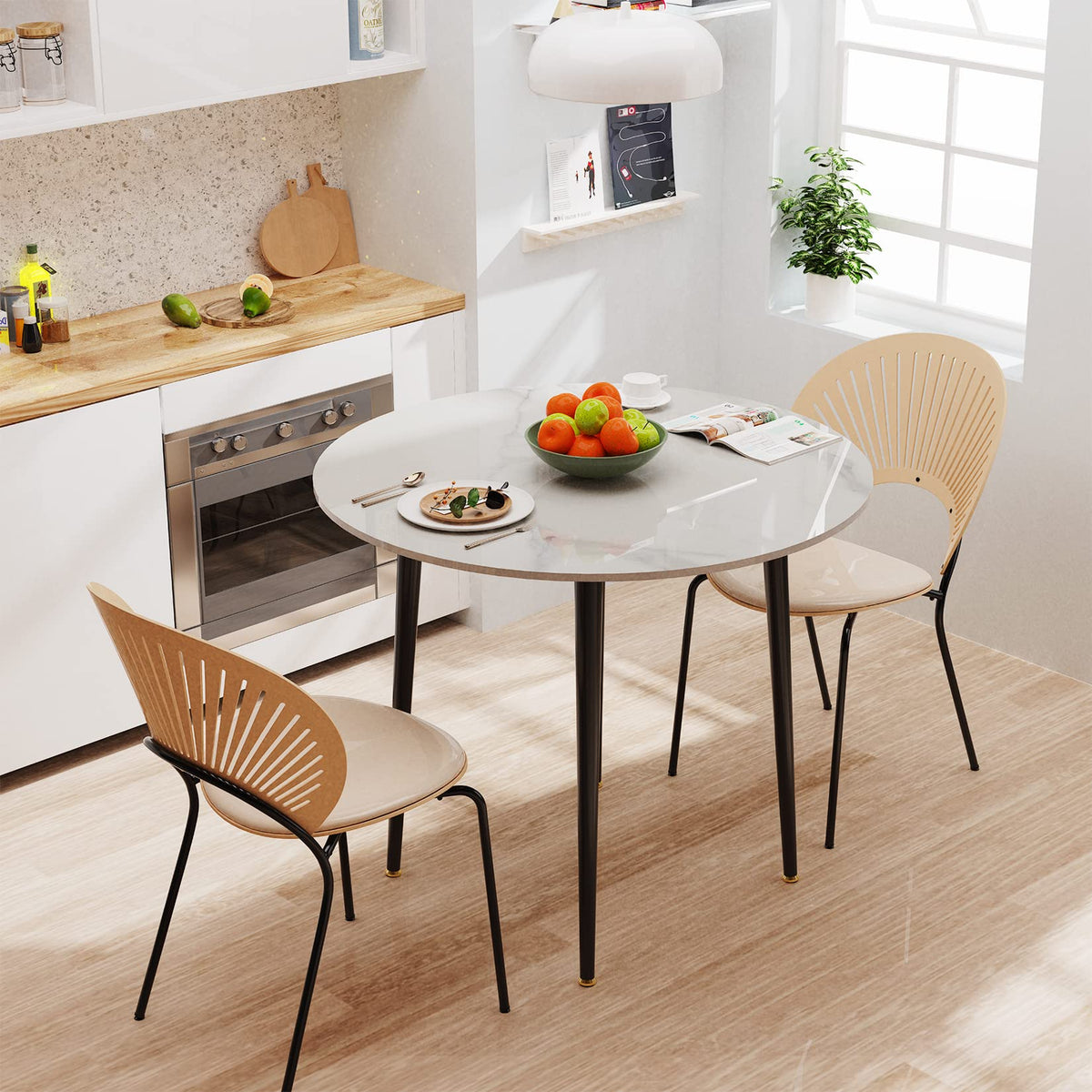 FATIVO Kitchen Dining Table Marble Tabletop: Round 80cm Modern Sintered Stone High Gloss Snow Mountain White Marble Top Dinner Tables with Tapered