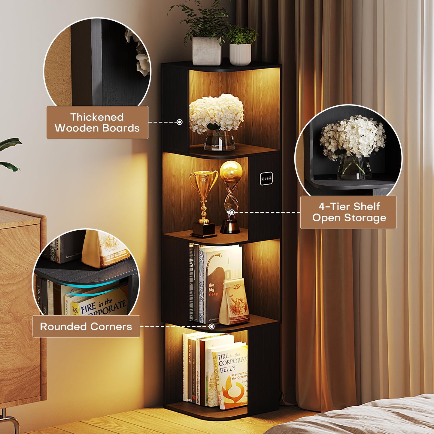 55.1 " Corner Wood Bookcase with Body Sensor LED for Home Office,Black
