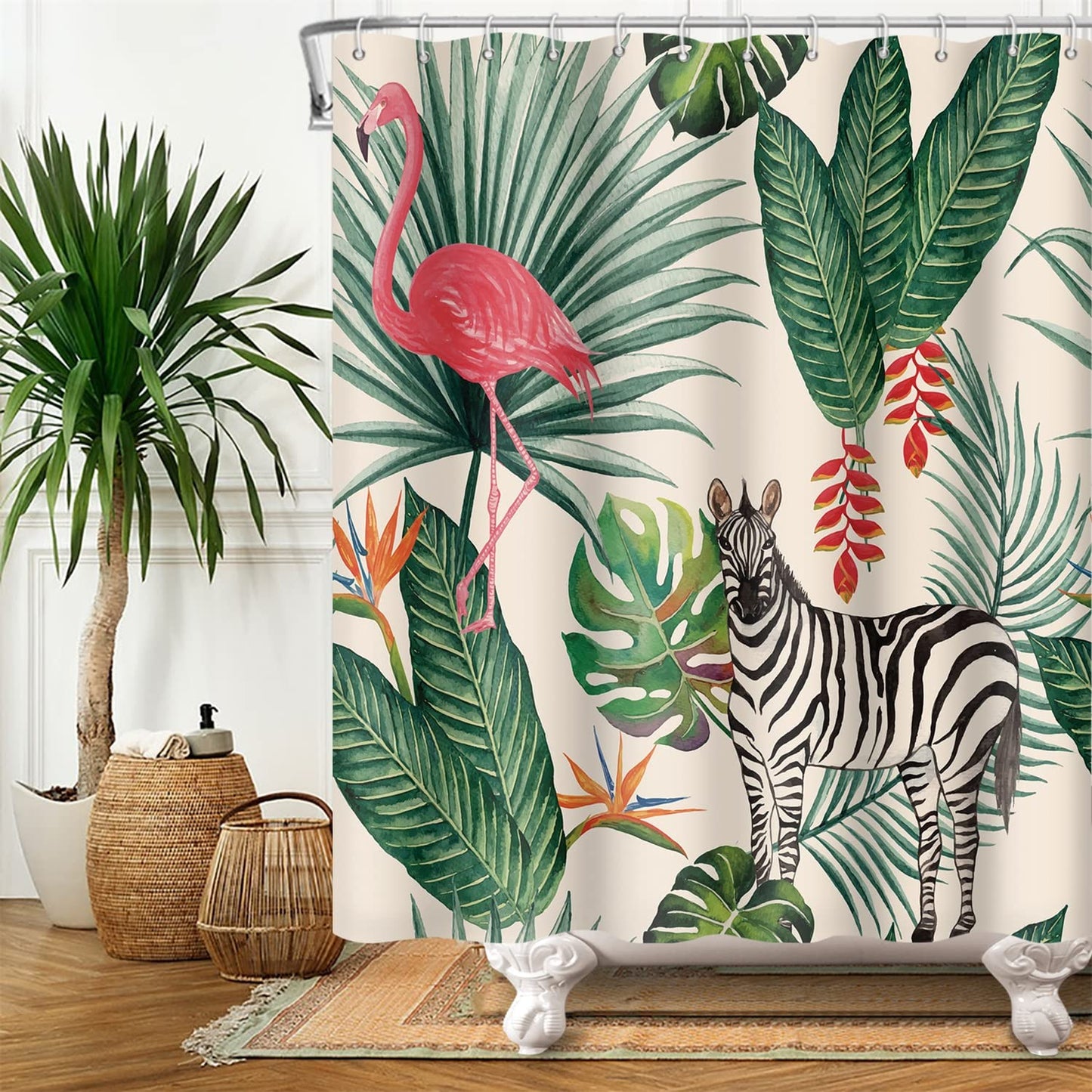 SDOTPMT 105x160cm Flamingo Shower Curtain Tropical Palm Tree Green Leaves Banana Leaf Horse Bath Curtain Summer Theme Bathtub Curtain Fabric Polyester