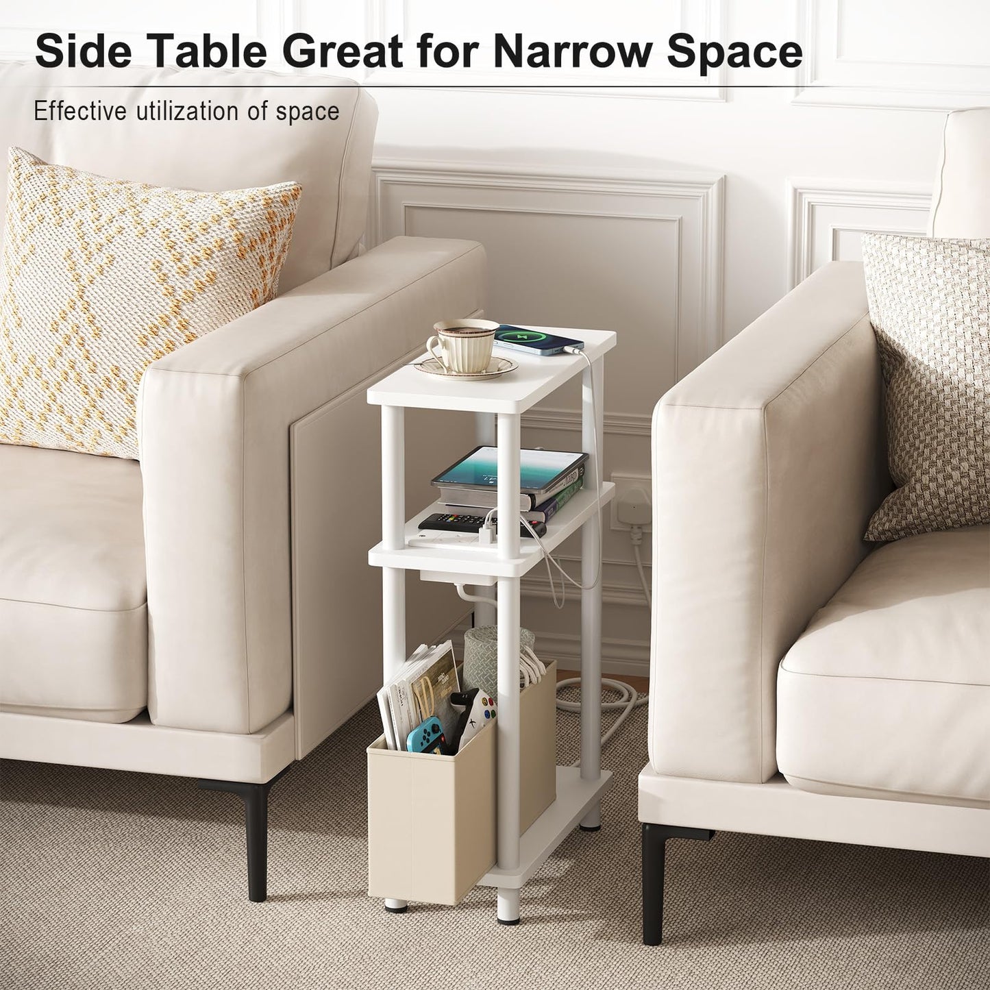 APICIZON Narrow Side Table, 3 Tier Bed Side Table, Slim End Table with Charging Station, for Living Room, Bedroom