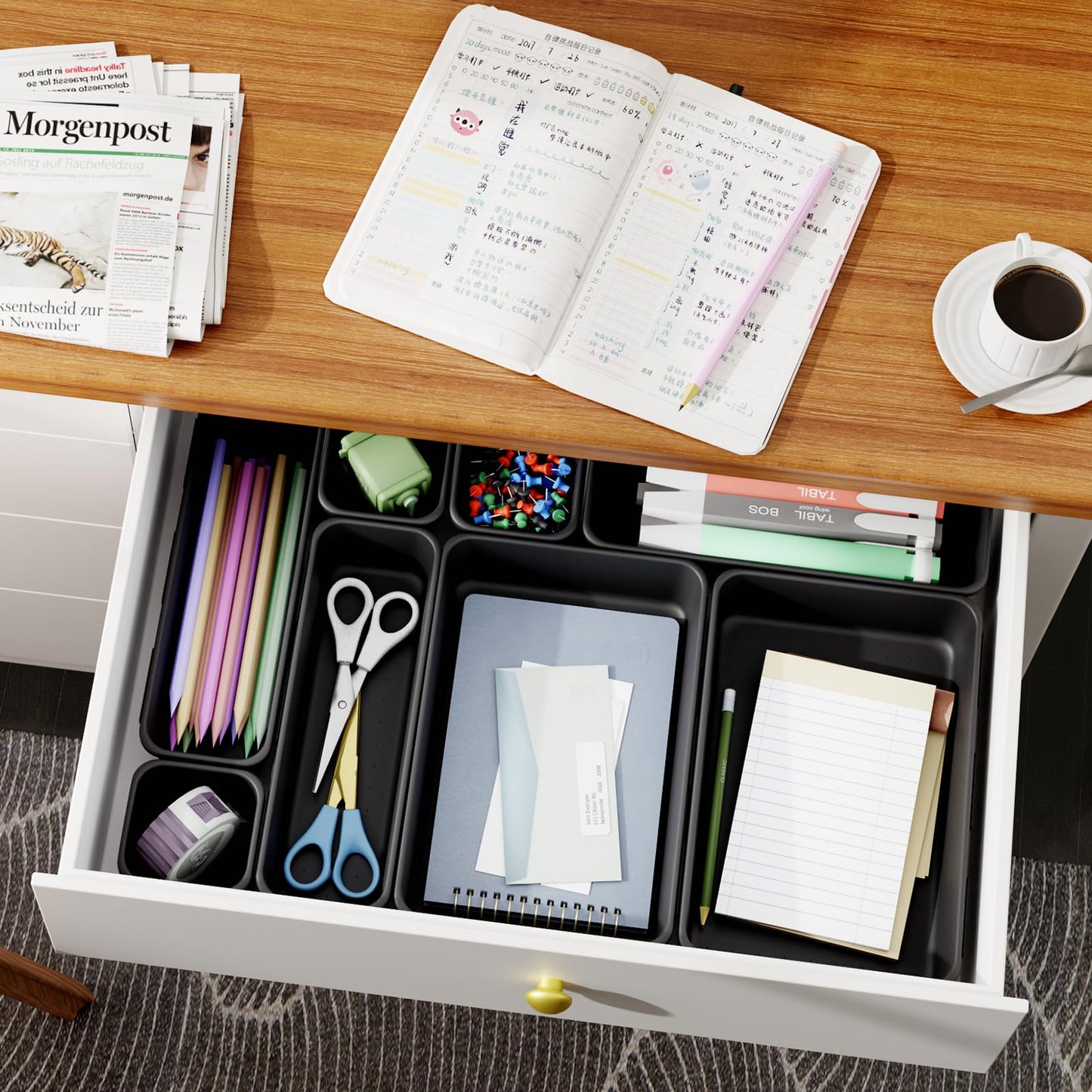 Giklux 45 PCS Makeup Drawer Organiser Trays, 3 Sizes Desk Drawer Dividers Organisers for Cutlery, Kitchen, Bathroom, Office, Cosmetics, Vanity