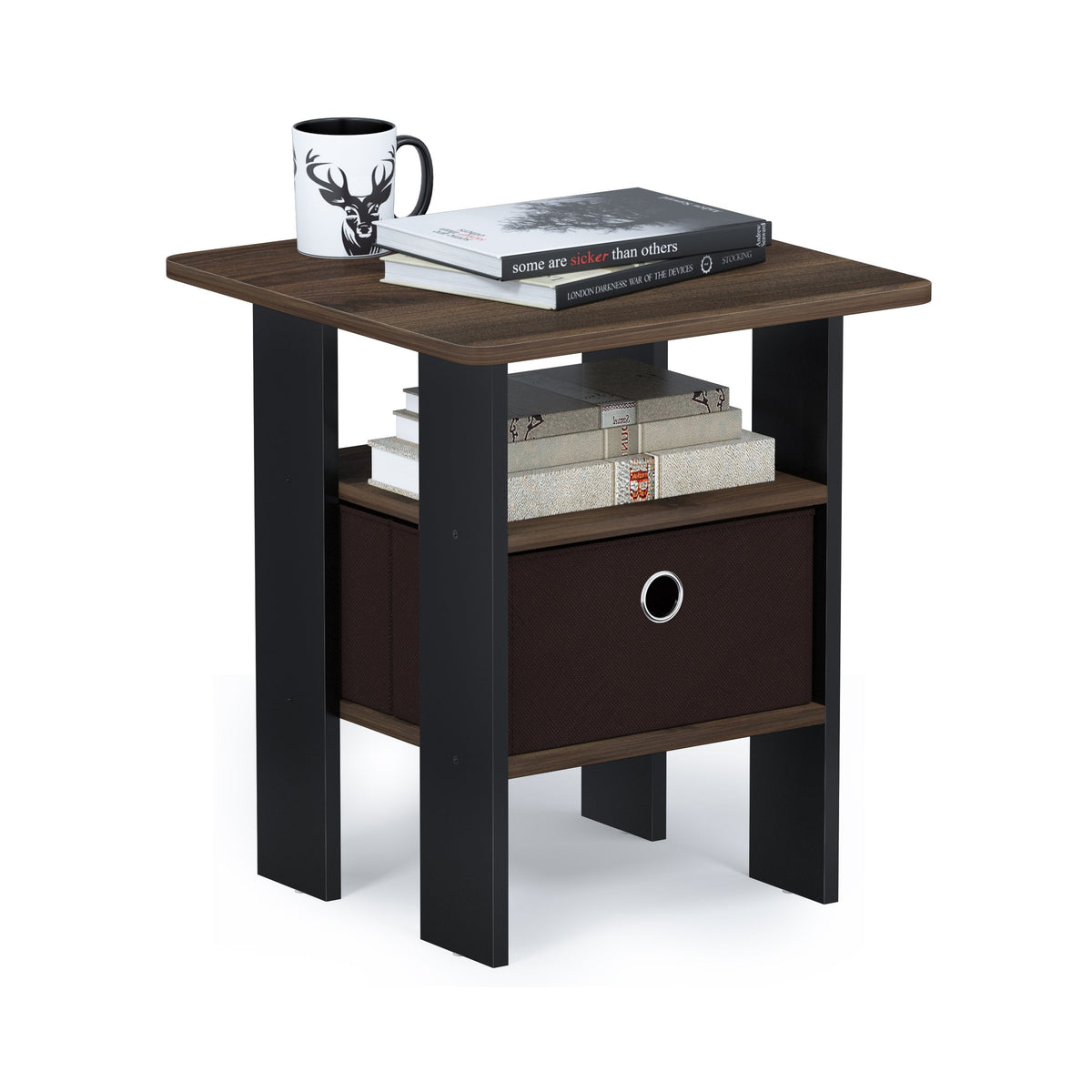 Furinno ANDREY Side Table, End Table, Night Stand with Open Shelves and Storage Bin, Bedside Table, for Living Room, Bedroom, Columbia Walnut