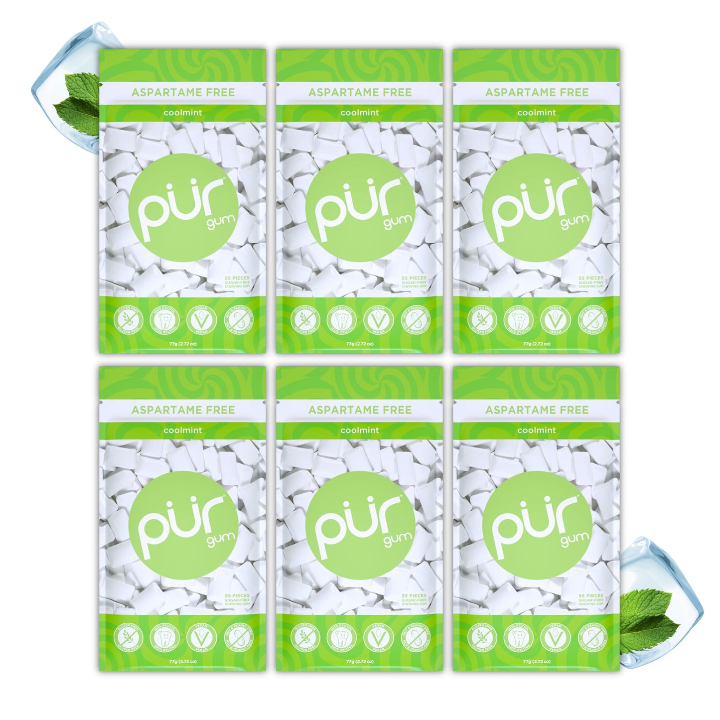 PUR Gum | Sugar Free Chewing Gum | Made with Xylitol | Vegan, Aspartame Free, Gluten Free and Keto Friendly | Natural Coolmint Flavoured Gum, 55