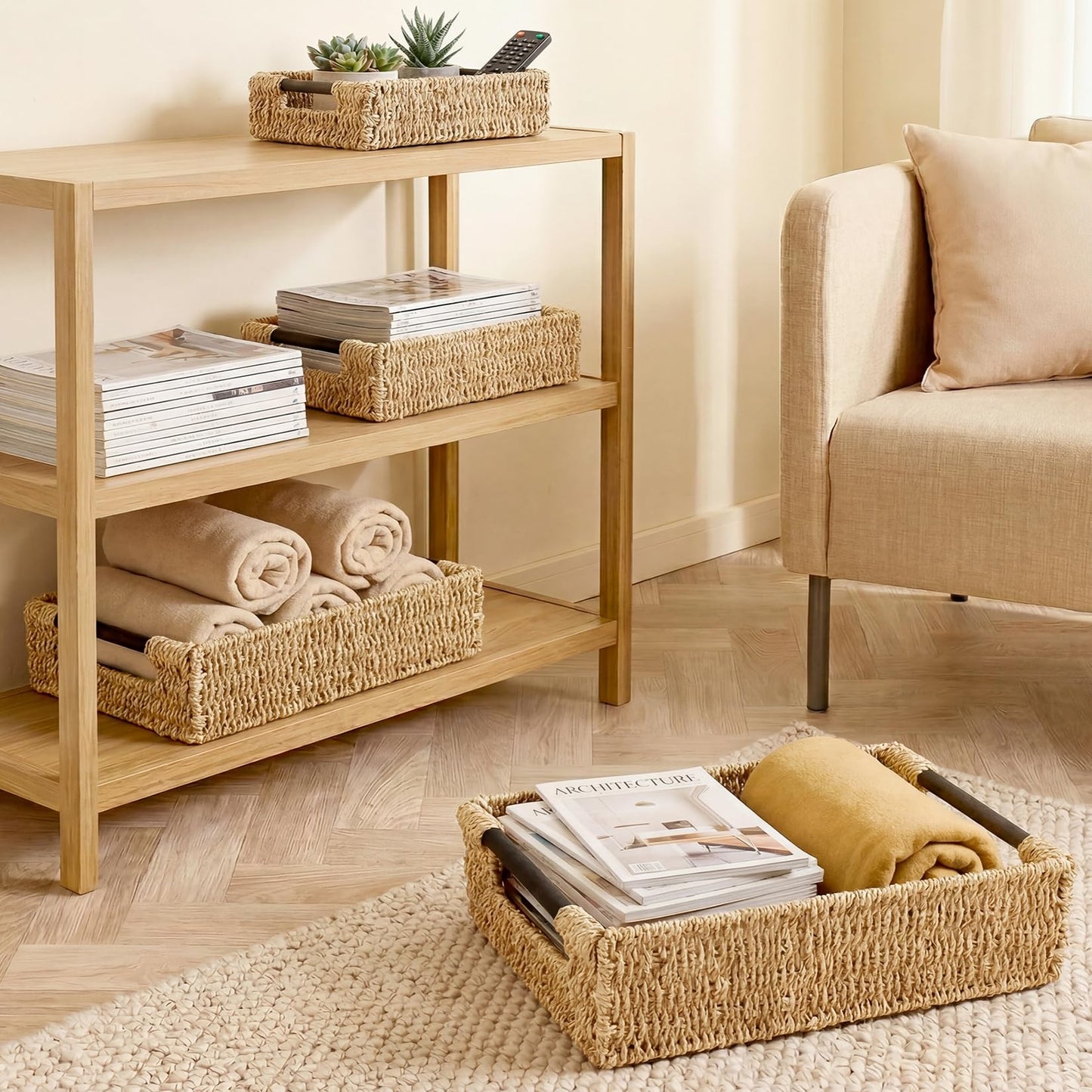 Woodluv Storage Baskets, Storage Baskets for Shelves, Nesting Storage Box Organiser | Shelf Hamper Organiser for Bathroom, Bedroom