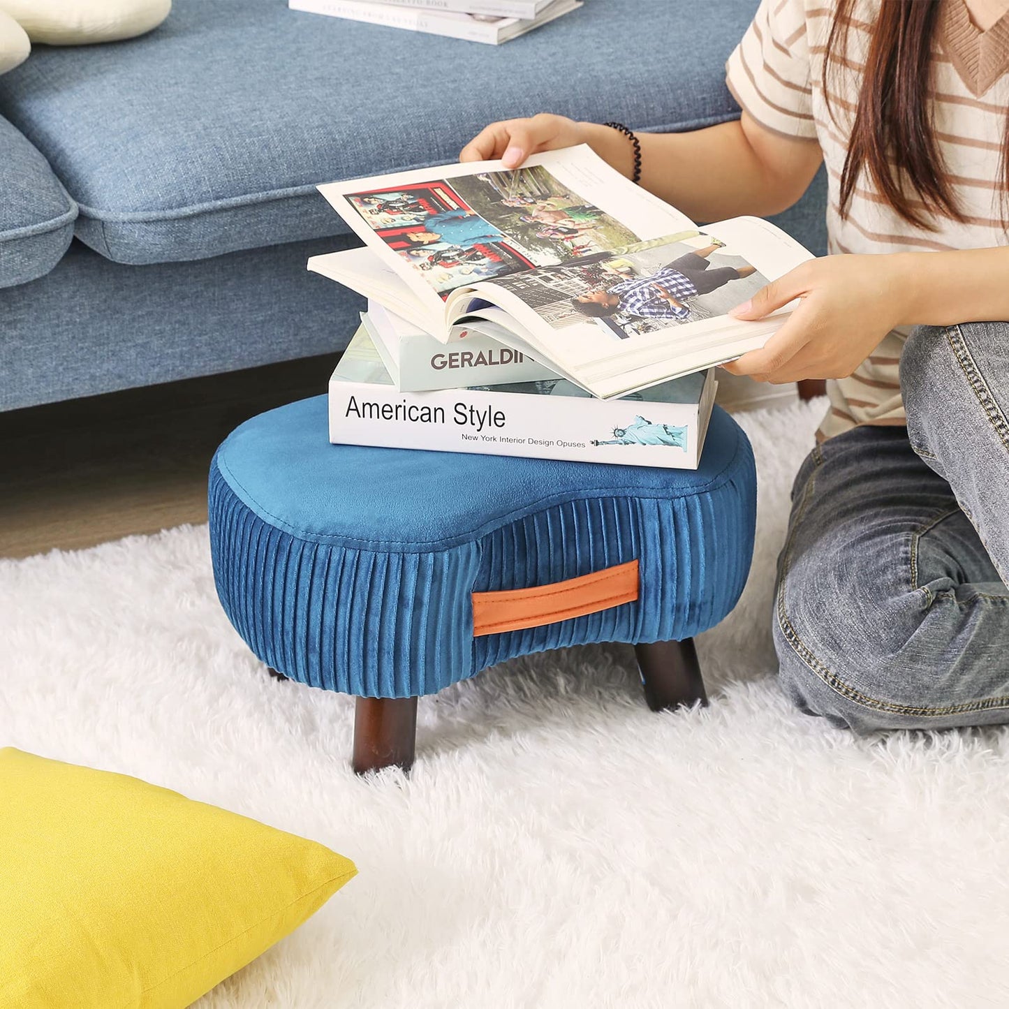 YMYNY Ottomans, Small Curved Footstool with Handle, Sofa Stool with Soft Seat Cushion, for Bedroom, Living Room, Hallway, 40 × 28 × 23CM
