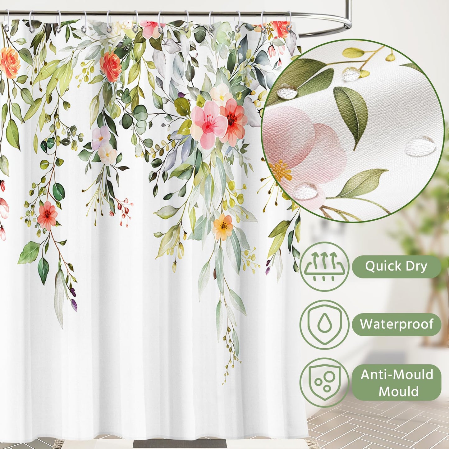 FAVORTALK Shower Curtain White Mould Proof Resistant Waterproof Floral Bathroom Curtains with 12 hooks Quick-Drying Weighted 180x180cm