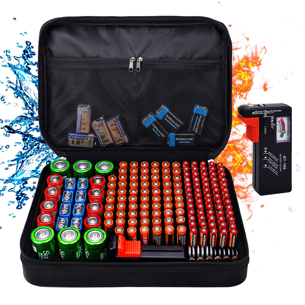 Tamfile Battery Organiser Storage Box Holds 172 Batteries, Large Capacity Fireproof Water Resistant Battery Carrying Case Bag with Battery Tester