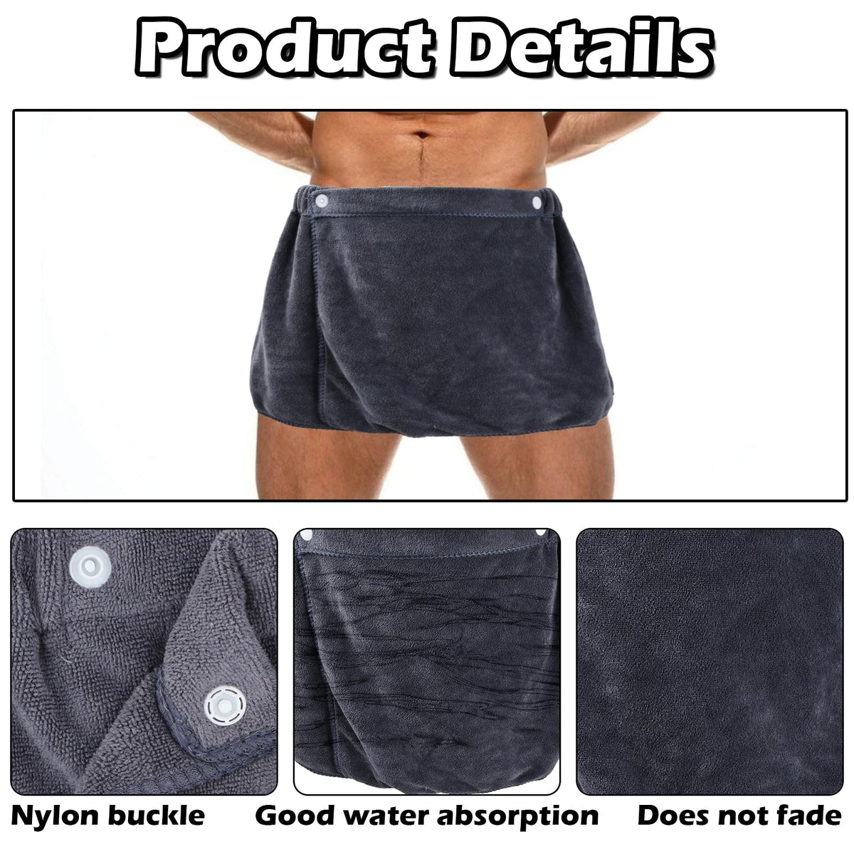 YILANJIN Men's Adjustable Bath Skirt, Gray, Microfiber, One Size, Quick Dry, Modern Style, Beach Towel