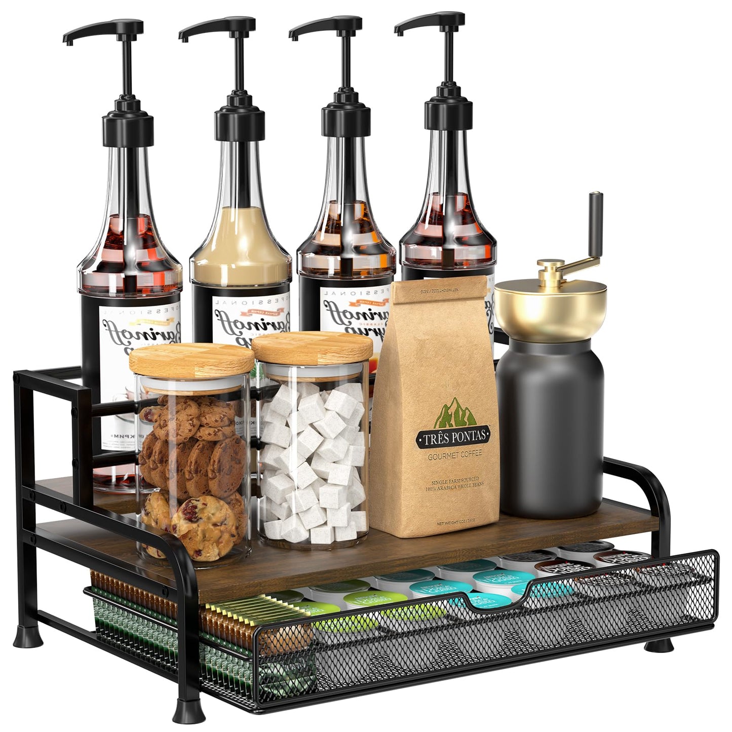 Coffee Syrup Organizer, 3-Tier 8 Bottles Coffee Syrup Stand with 35 K Cup Storage Drawer for Coffee Bar, Coffee Pod Holder for Syrup, Tea, Wine,