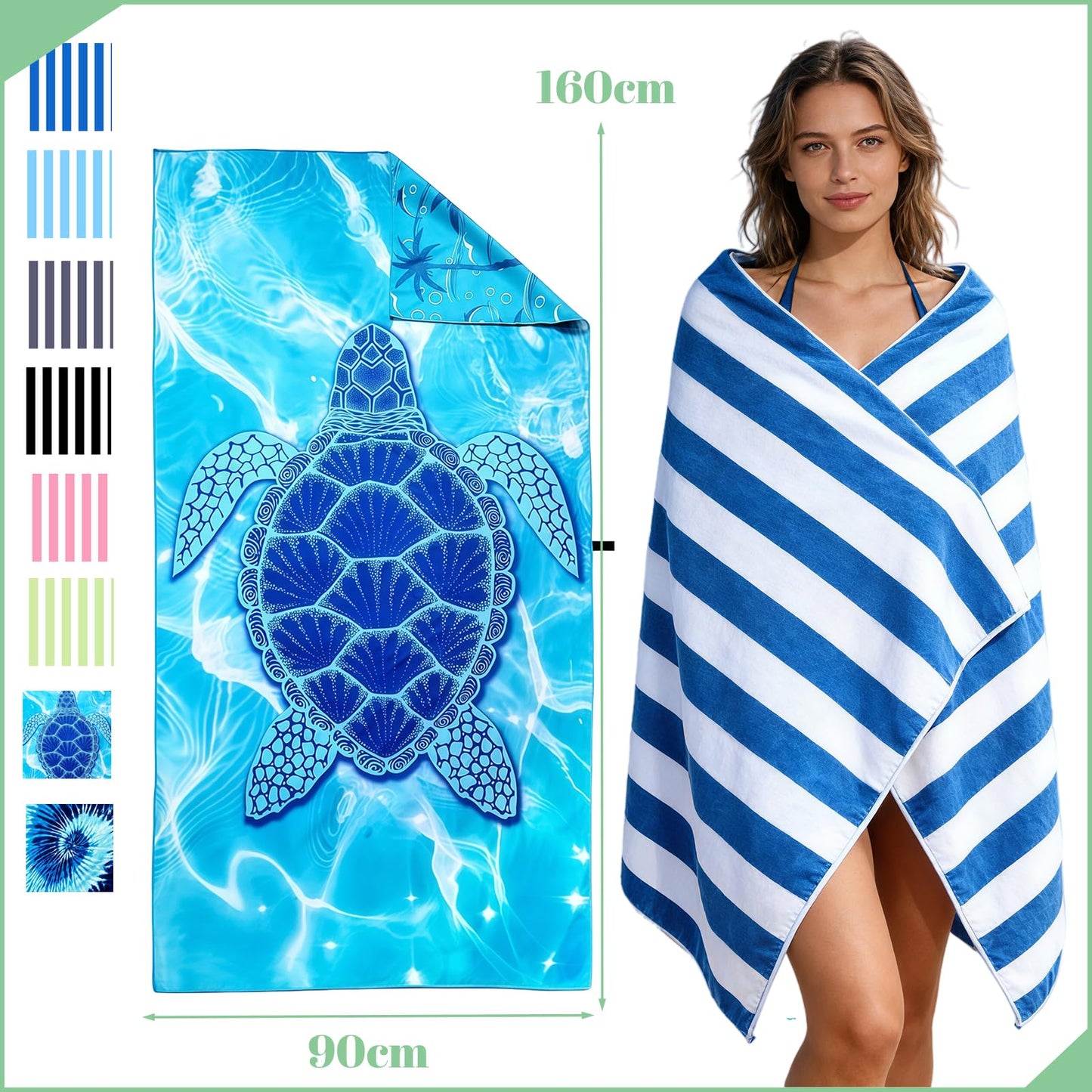 Large Microfibre Beach Towel for Adults with Bag 160x90cm,Green Quick Dry Beach Towel with Double Sided,Lightweight Beach Microfiber Towels for