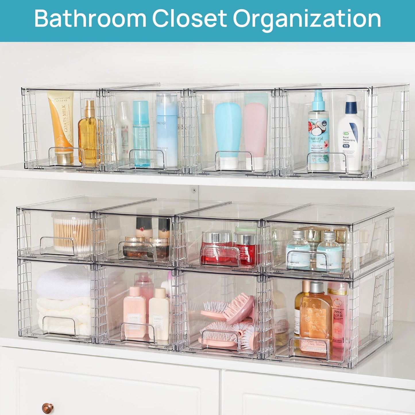 Vtopmart 4 Pack Large Stackable Storage Drawers,Clear Acrylic Drawer Organizers with Handles, Easily Assemble for Bathroom,Kitchen