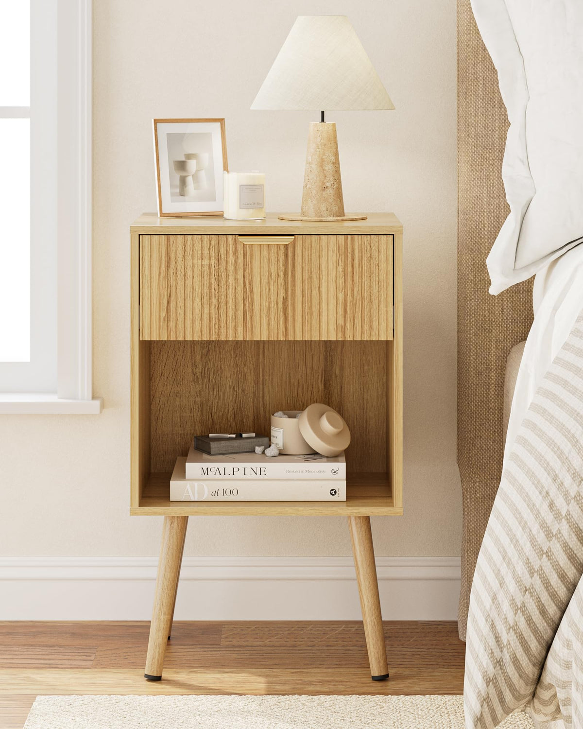 Apetaccat Bedside Table, Nightstand with Drawer and Storage Shelf, Oak