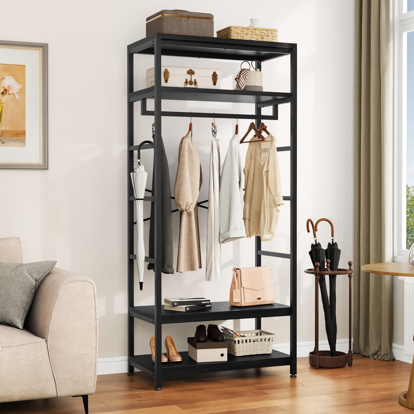 YITAHOME Clothes Rail Coat Rack Stand Shoe Storage 4 Shelves Black