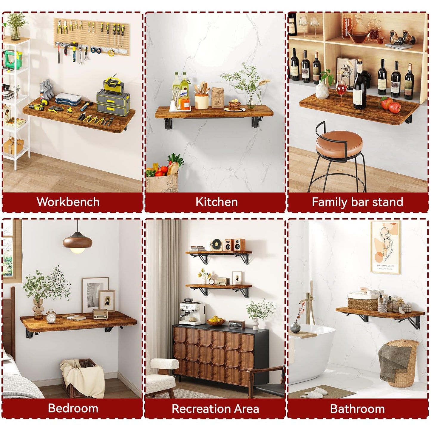 IBUYKE Wall Mounted Folding Table, Floating Wall Desk for Small Spaces, Fold Down Laundry Shelf with Heavy-Duty Brackets