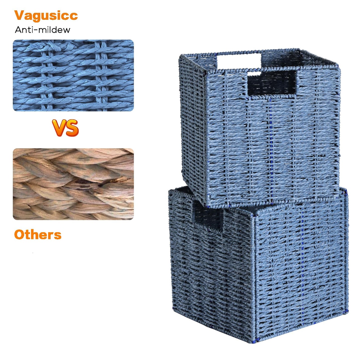 Vagusicc Wicker Storage Basket, Set of 2 Handwoven Wicker Basket for Storage, Foldable Storage Baskets Organizer Cube Bins with Handles for Shelves