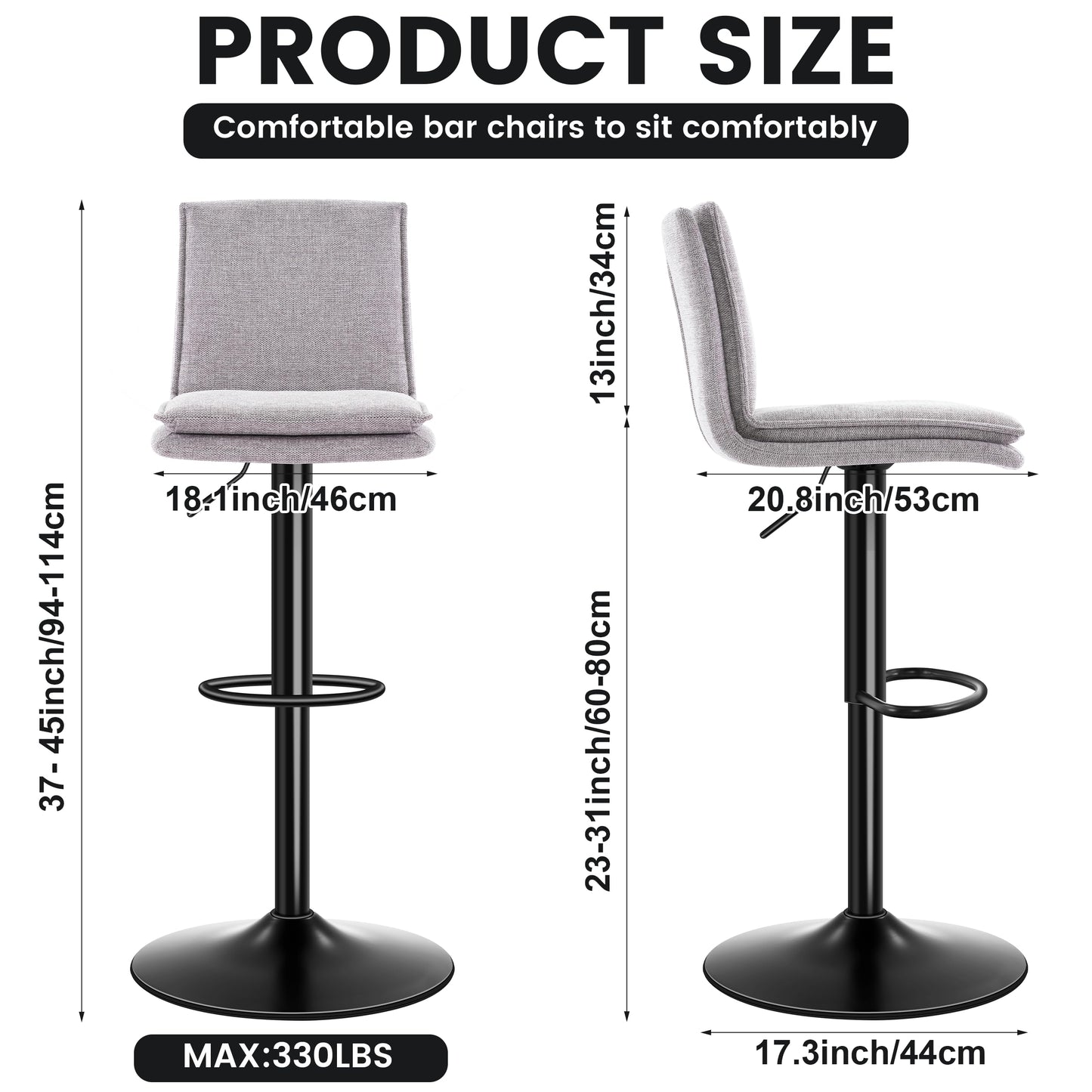 LXRADEO Bar Stools Set of 2 Adjustable Swivel Counter Height Breakfast Barstools with Backrest - Breathable Linen Fabric & Soft Cushioned Seat