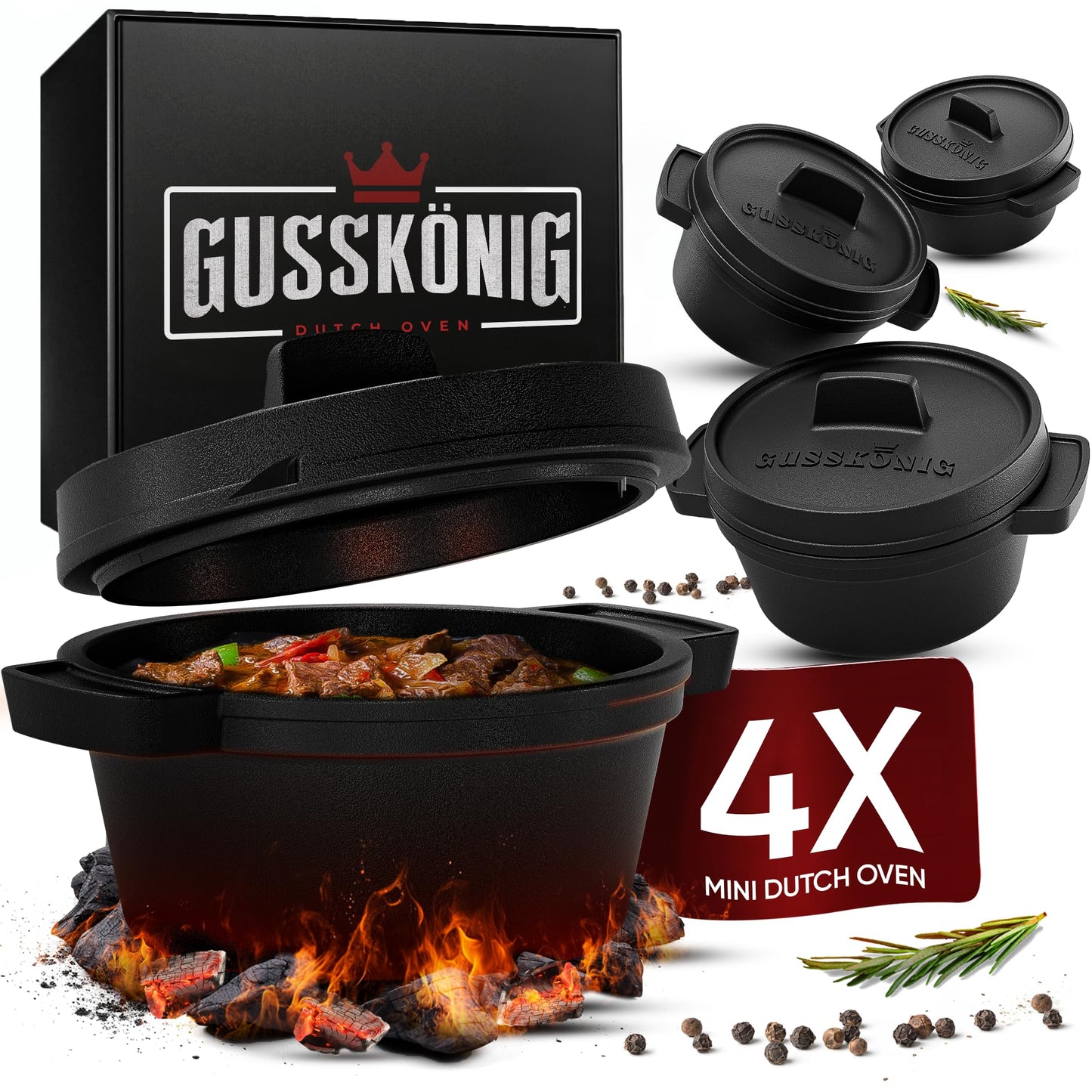 GUSSK?NIG Dutch Oven Set Mini - 4x 300ml Cast Iron Mini Pots with Lids - Pre-Seasoned Mini Dutch Ovens - Cast Iron Mini Cocotte Serving Pans