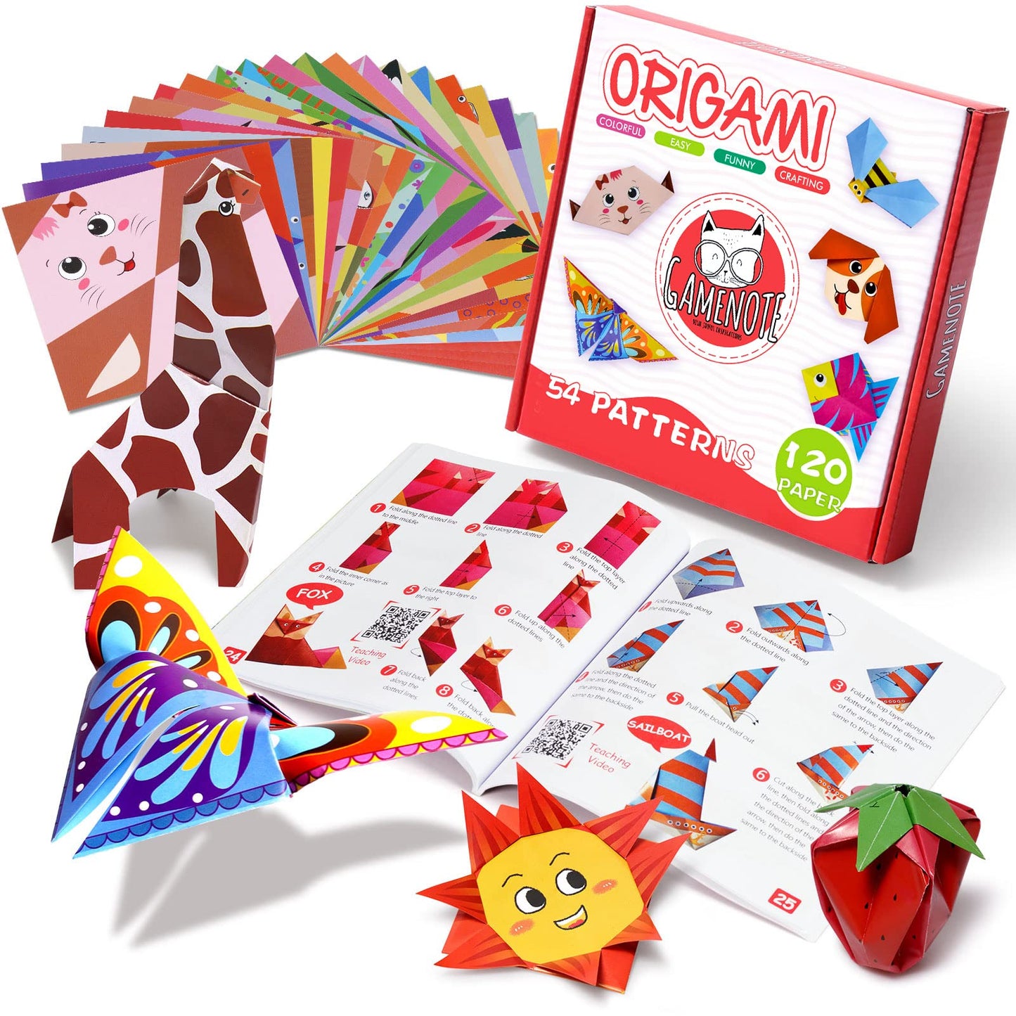 Gamenote Origami Kit for Kids, 120 Sheets Double-Sided Origami Paper Set with 55-Page Guiding Book, 54 Projects, DIY Art and Craft Projects, Gift for