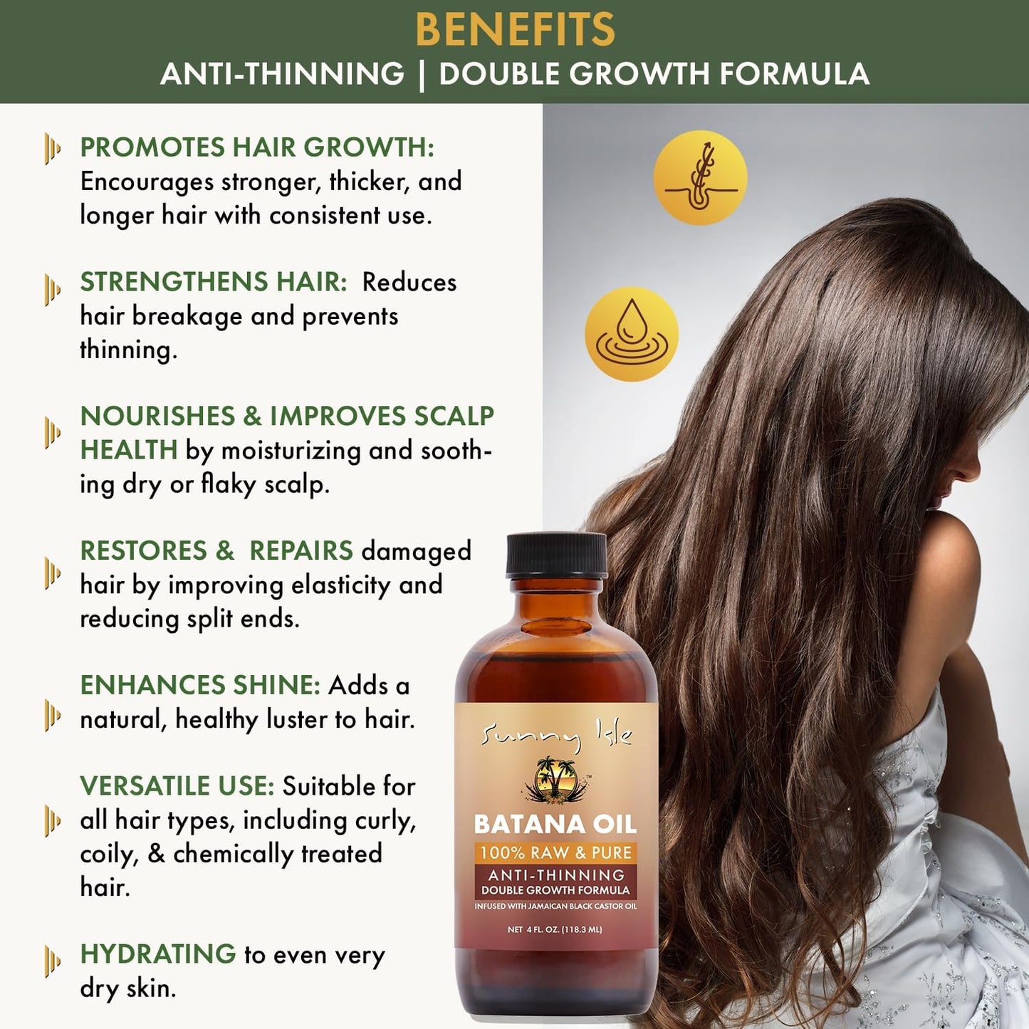 Sunny Isle 100% Raw & Pure Anti-Thinning Batana Oil Batana and Jamaican black castor oils 118.3 ml/4.0 oz