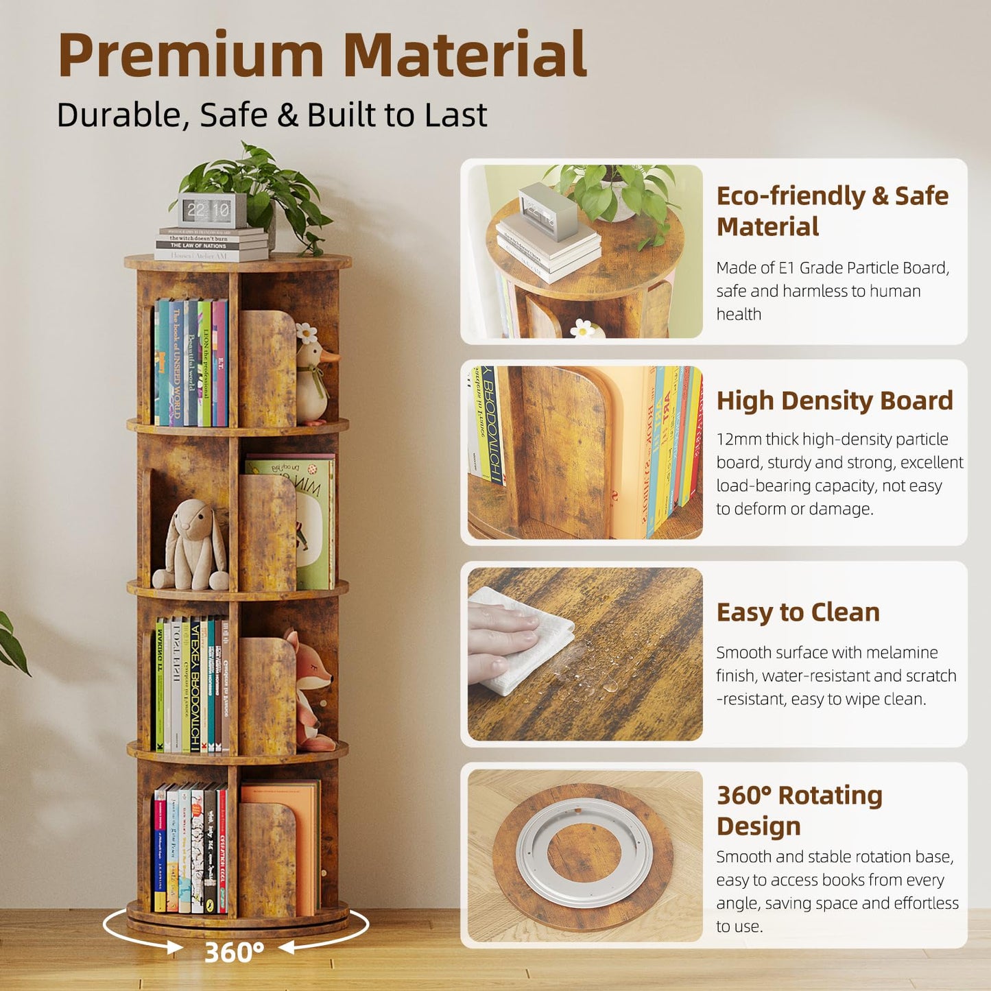 WEMANER 4-tier Rotating Kids Bookshelf, Wooden 360° Small Corner Revolving Spinning Bookcase