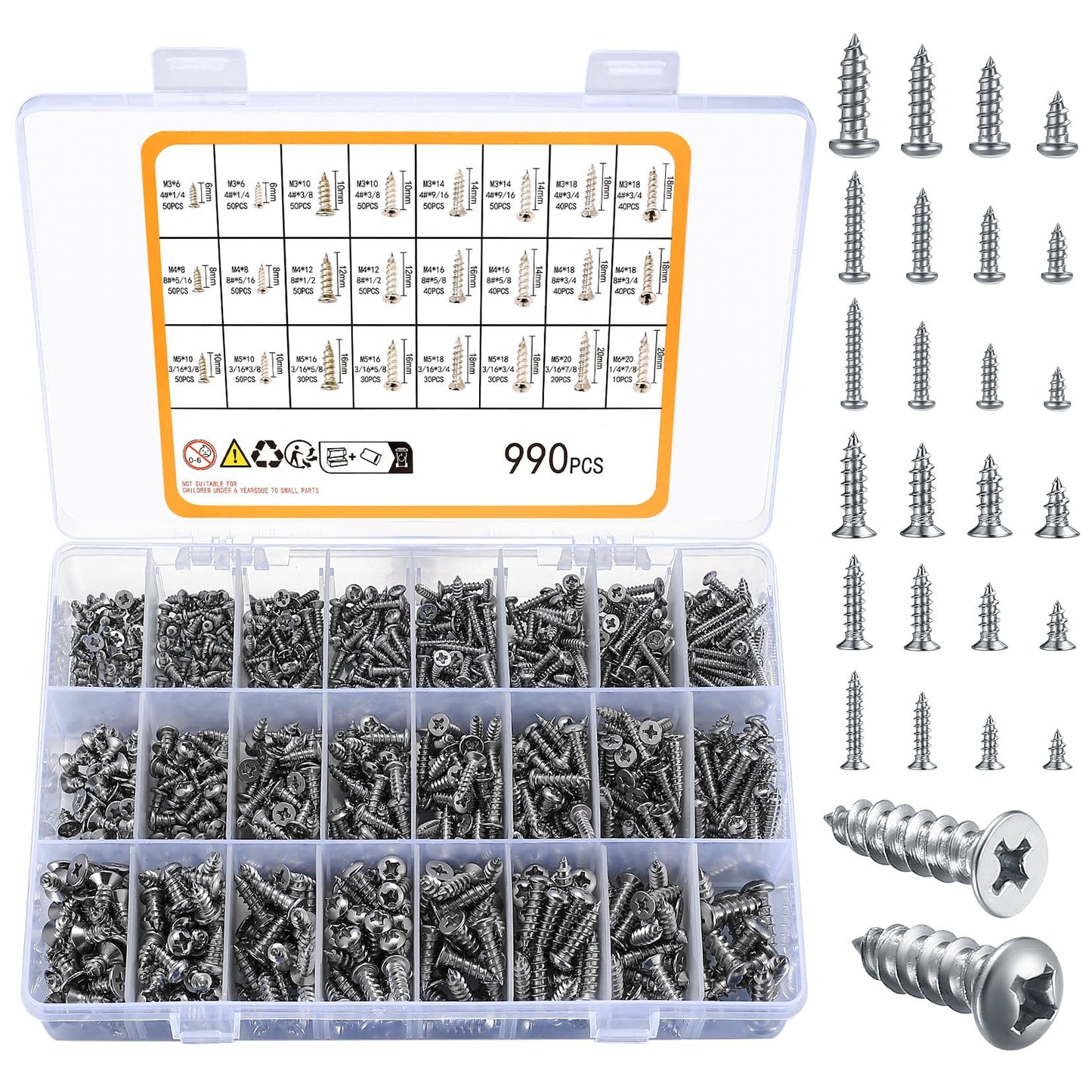 990pcs Self Tapping Screws Assortment Set, M3/M4/M5/M6 Stainless Steel Sheet Metal Screws, Phillips Drive Wood Screws Set for Deck Drywall Concrete