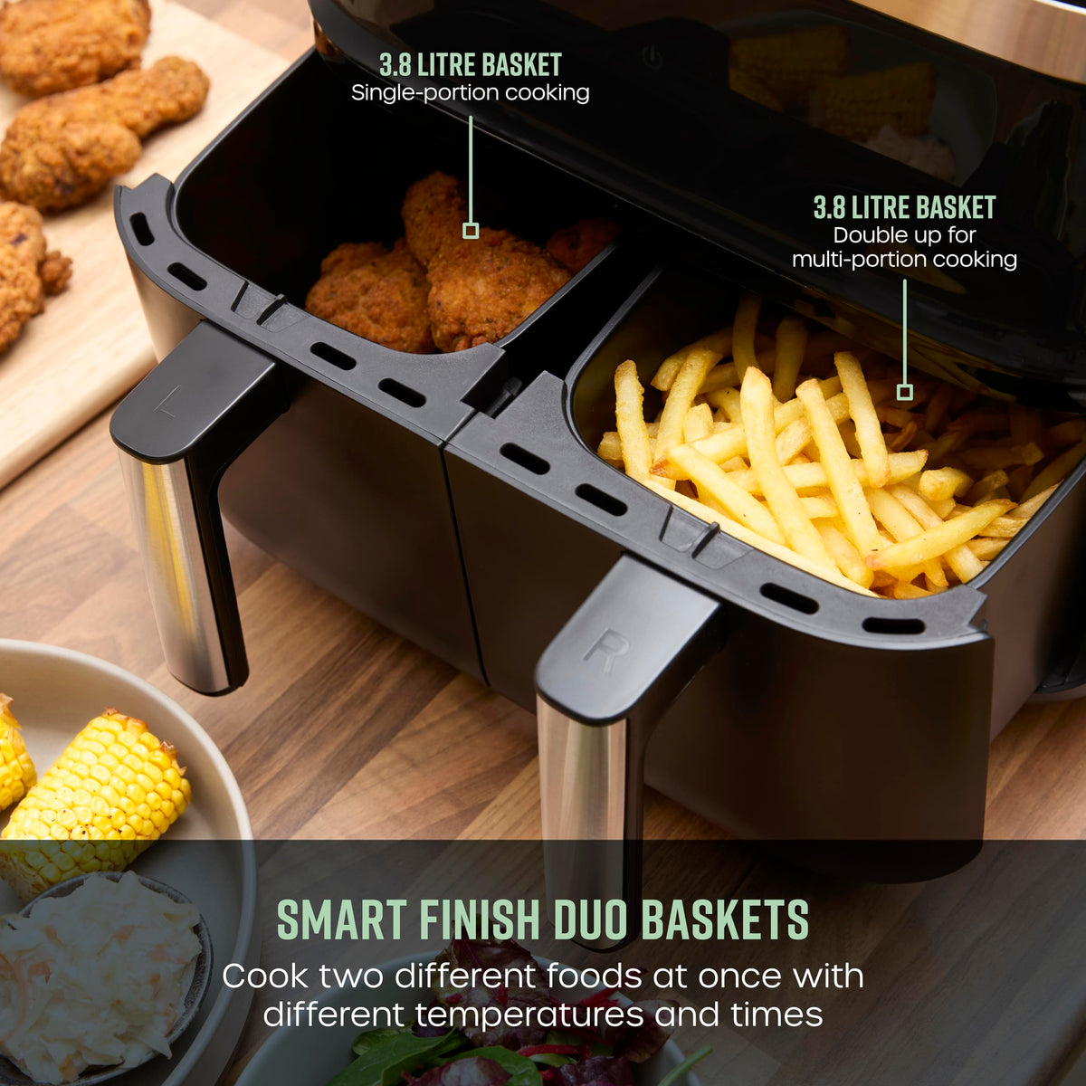 Swan SD10518BLK Dual Basket Digital Air Fryer with Swan Cyclone Technology, 8 Pre-Set Cooking Options, Adjustable Temperature, 7.6L, 2850W, Black