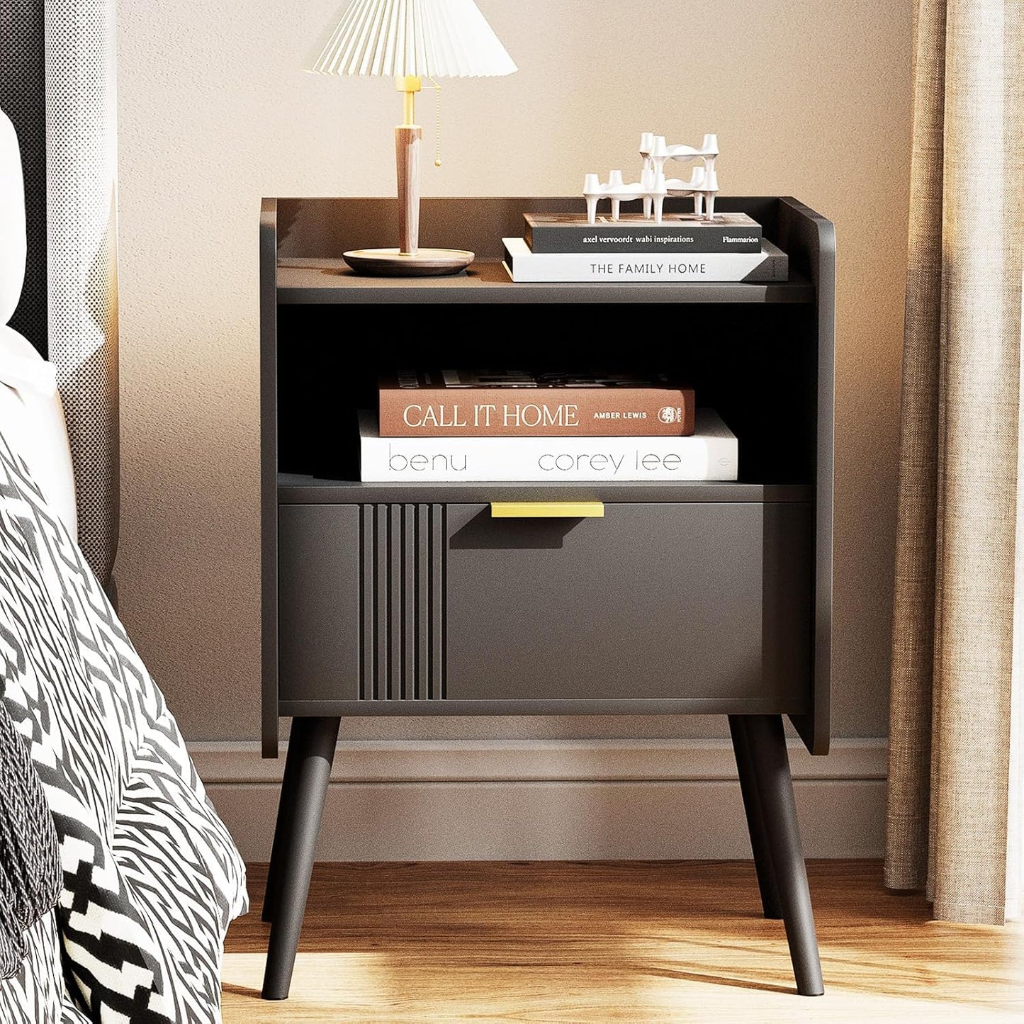 Bedside Table, Nightstand, Bed Side Table with Wood Decorated Drawers