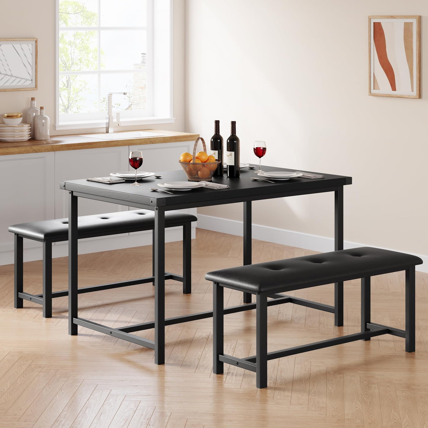 Crevyteg Dining Table Set for 4, Kitchen Table with Benches, Rectangular Dining Room Table Set with 2 Upholstered Benches