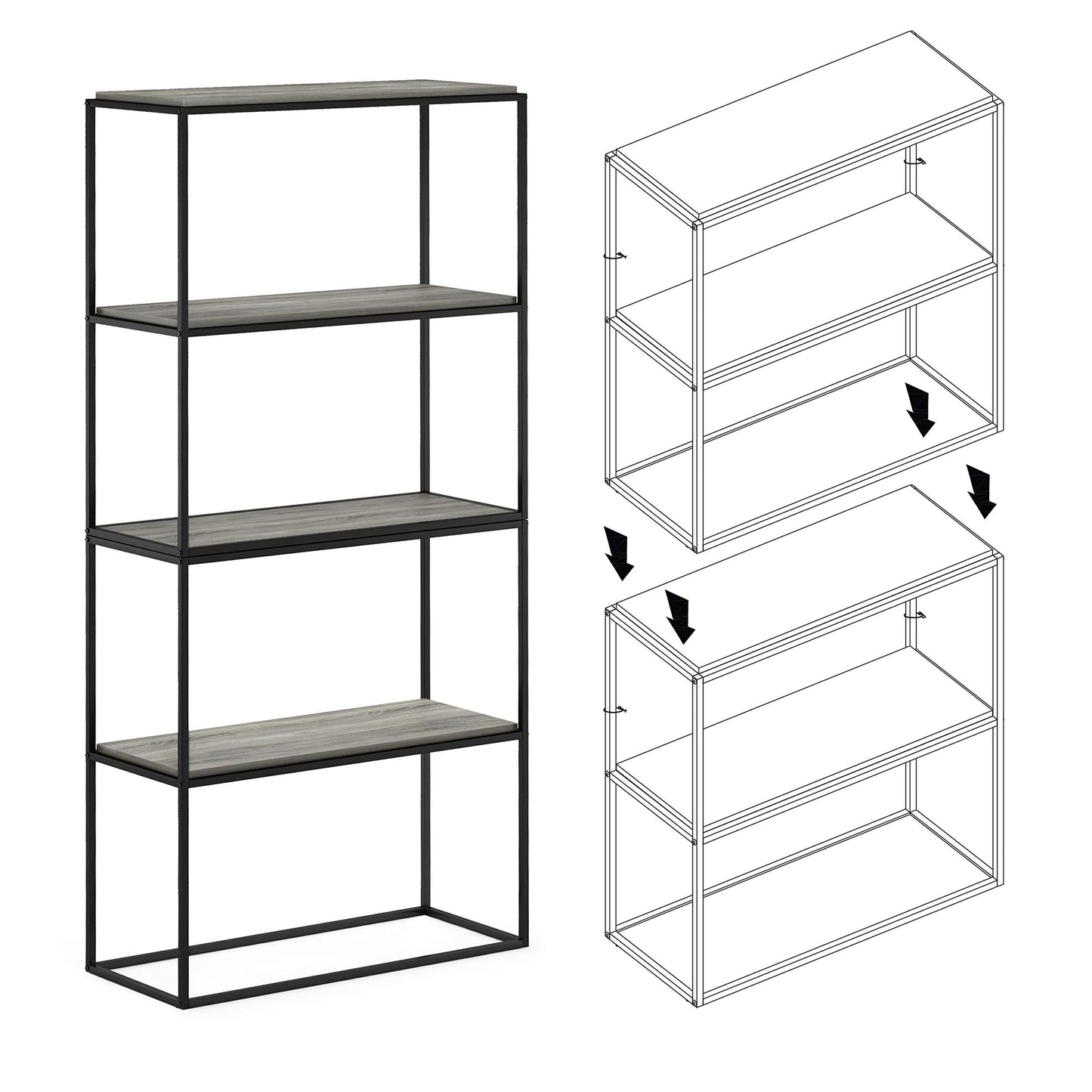 Furinno MORETTI 2-Tier Stackable Grey Book Shelf, Metal Frame Storage Shelves, Rectangular Display Shelf, Easy Assembly, for Organization and Storage