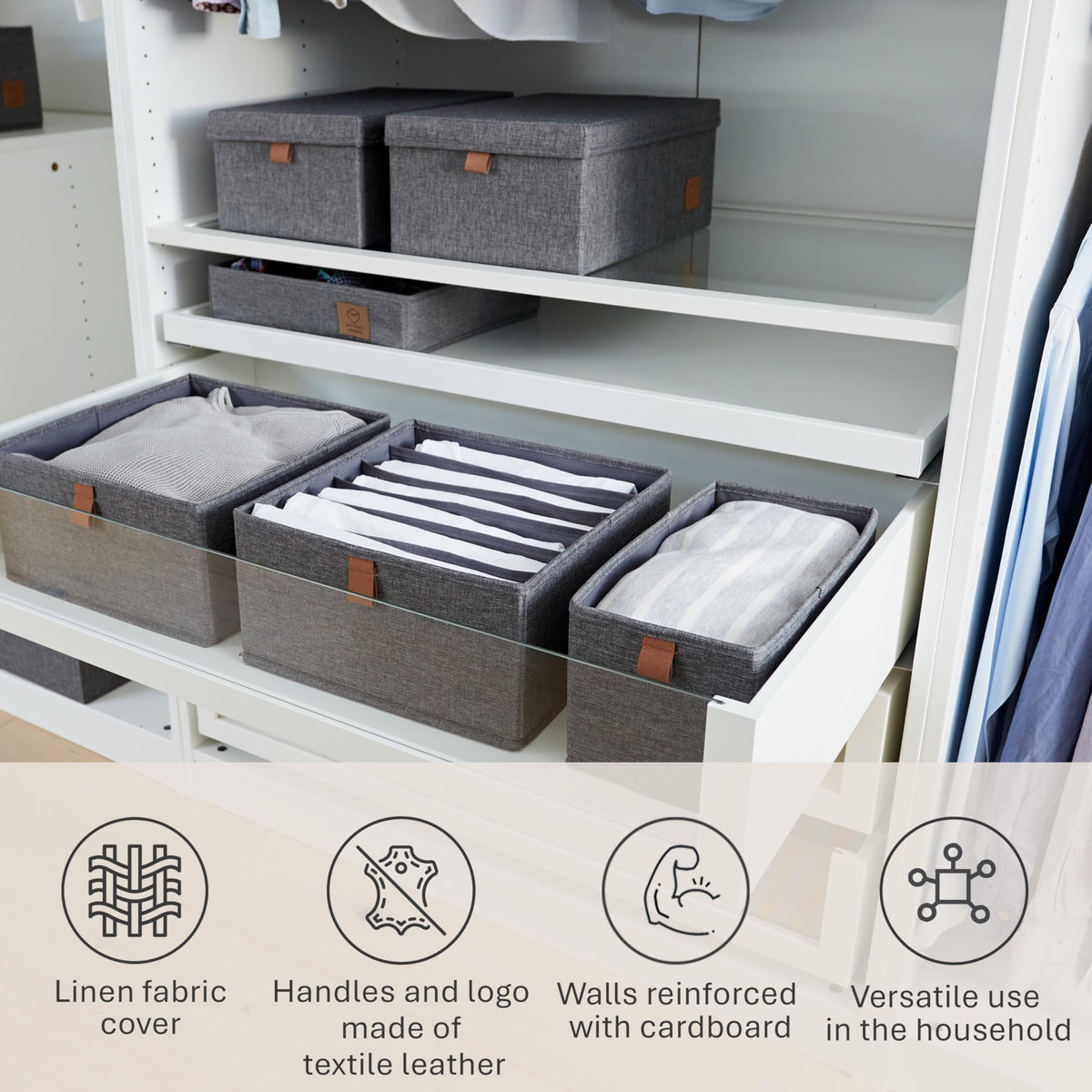 Love it Store it Premium Drawer Box, 2 Pieces, Fabric Wardrobe Organiser, Set of 6 Compartments, Grey, 30 x 30 x 15 cm