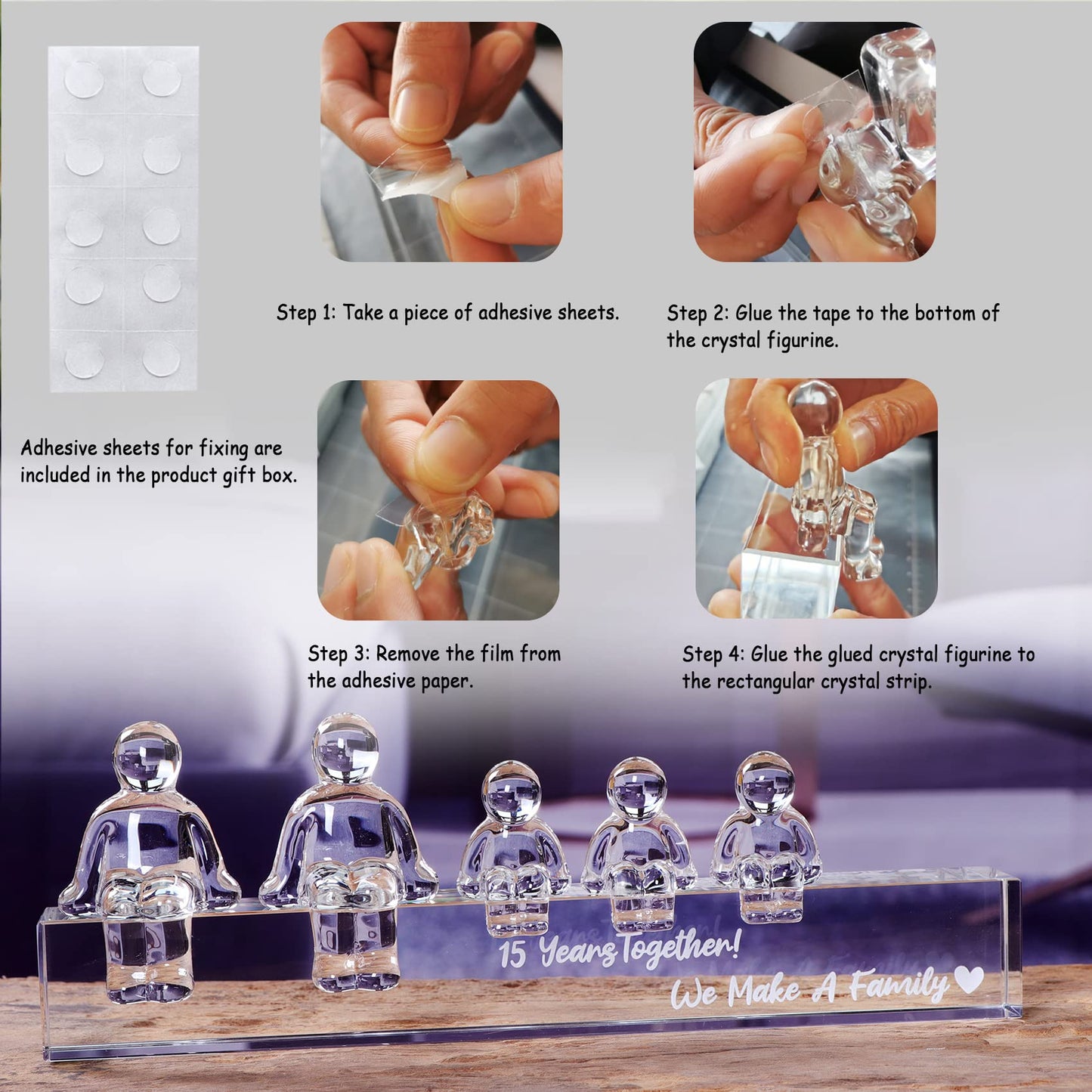 Movdyka Crystal 15th Wedding Gifts on Anniversary for Her, 15 Years Together We Made A Family Glass Ornament for Wife (2 Children)