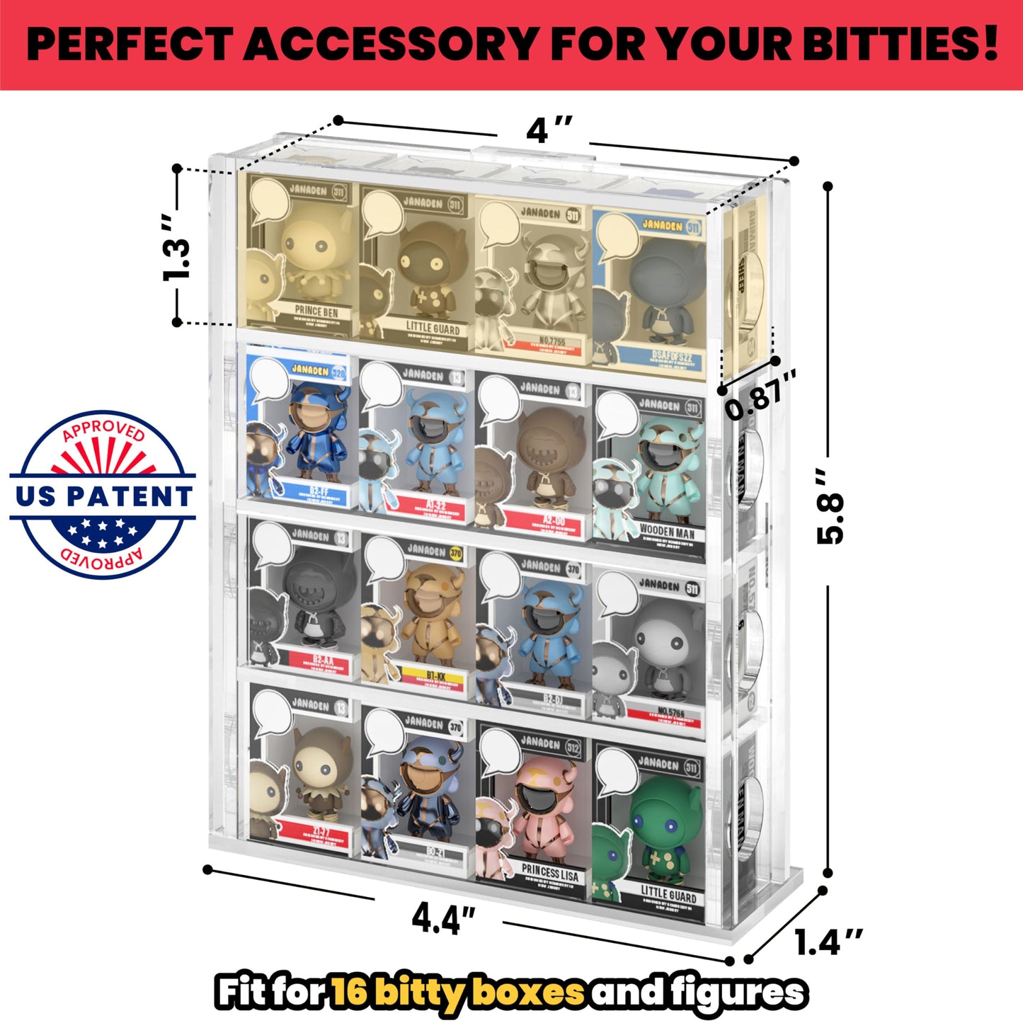 Janaden Acrylic Bittys Display Case, Clear Bitties Figure Collection Display Stand, 4 Tiered Mini Figurines Shelf for Bittys Collectibles
