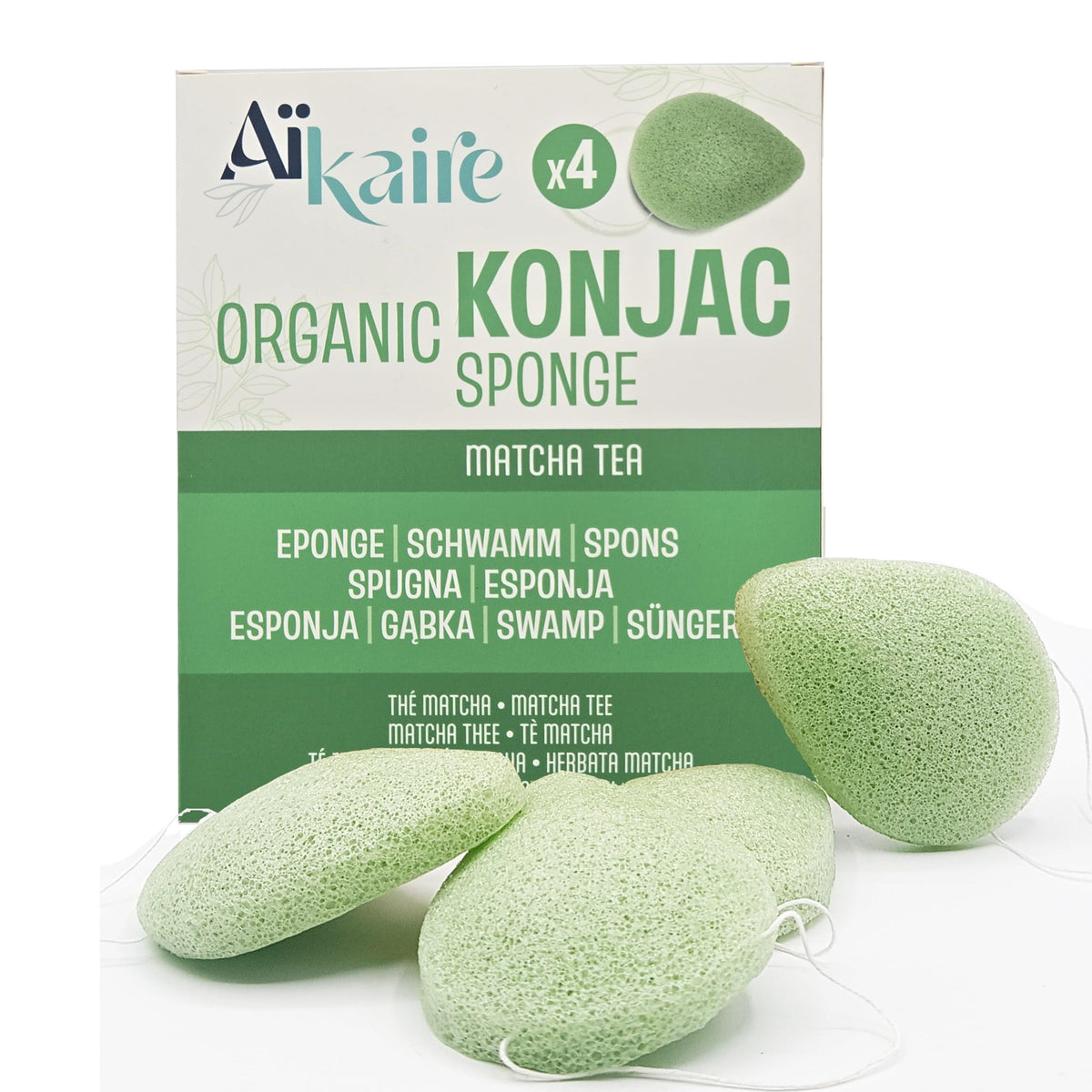 LES PAPOTEUSES Organic Konjac Sponge Set of 4, Green Tea, Natural Cleansing Vegetable Sponge for All Skin Types