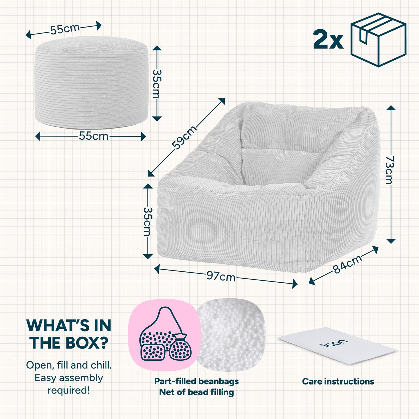 icon Natalia Cord Bean Bag Chair & Footstool with Filling Included, Pink